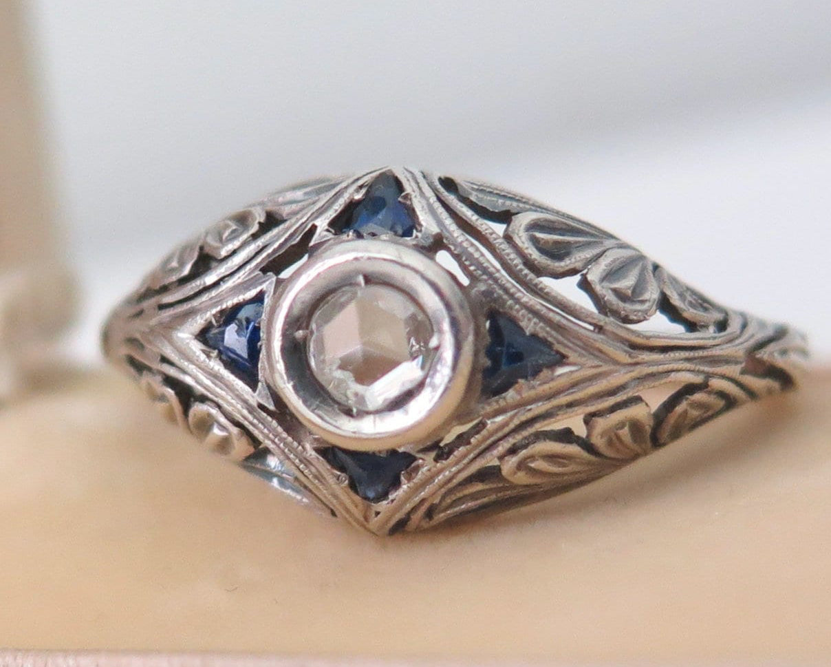 Antique Art Deco Diamond and Sapphire Ring, 18k White Gold, ca. 1920s