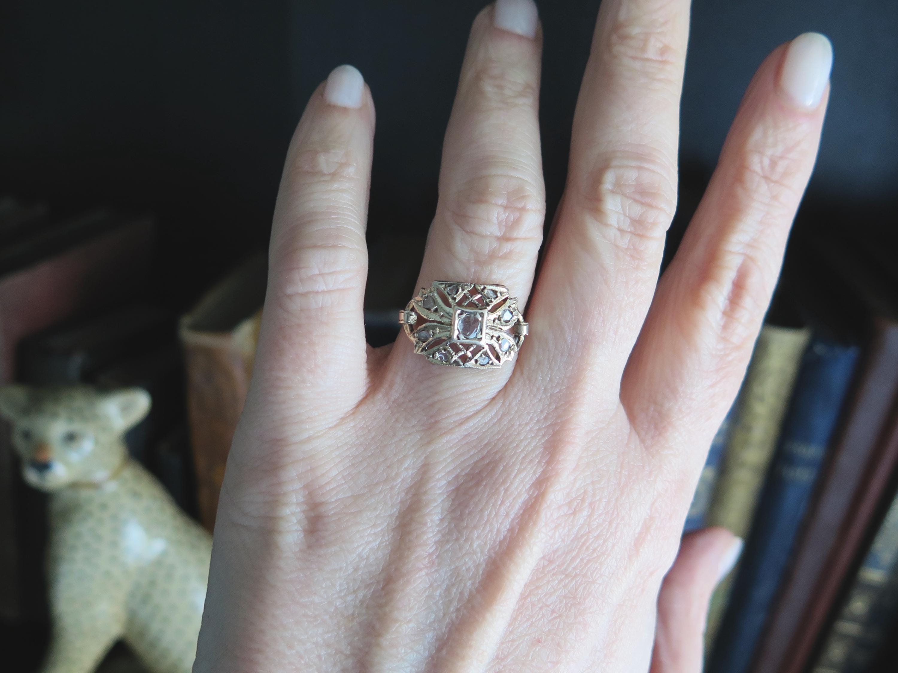 Antique 9k Gold Rose Cut Diamond Ring - Belle Epoque Filigree