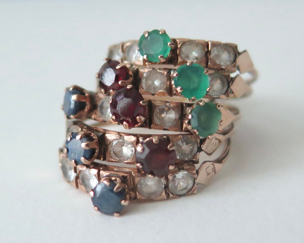 Antique 14k Gold Harem Ring: Sapphire, Garnet, Chrysoprase, Rock Crystal