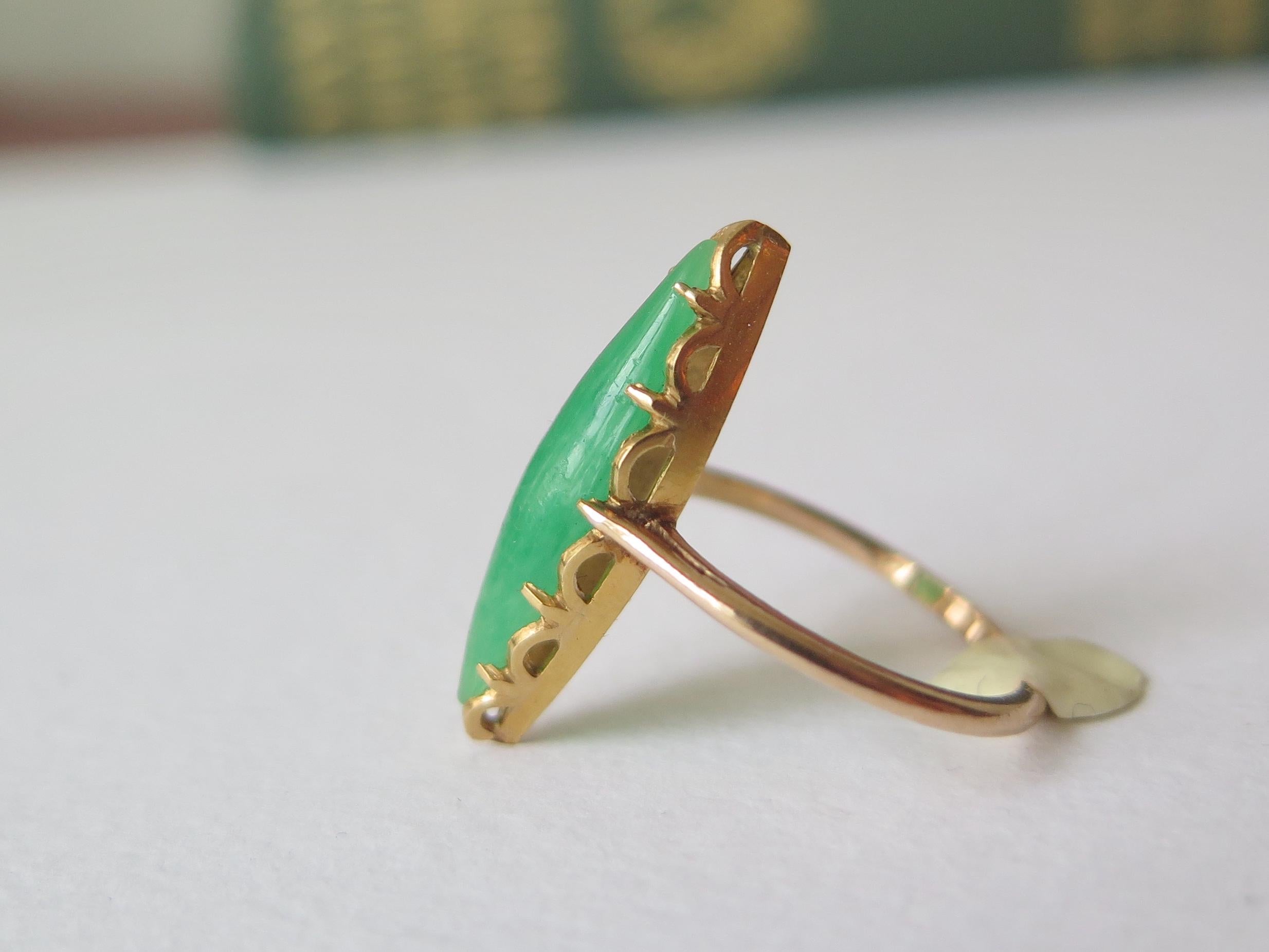 Edwardian 9k Gold Marquise Jade Ring - US Size 5.5