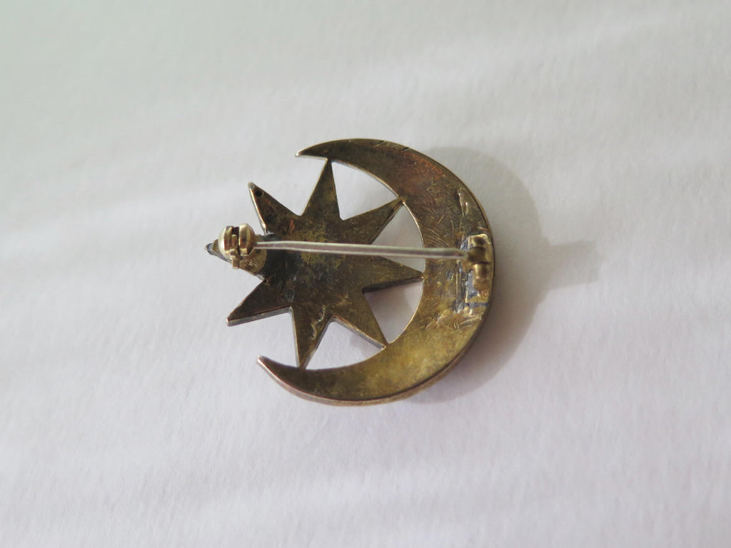Victorian Garnet Brooch, Crescent Moon & Star, Antique Celestial Jewel, Bohemian Garnets