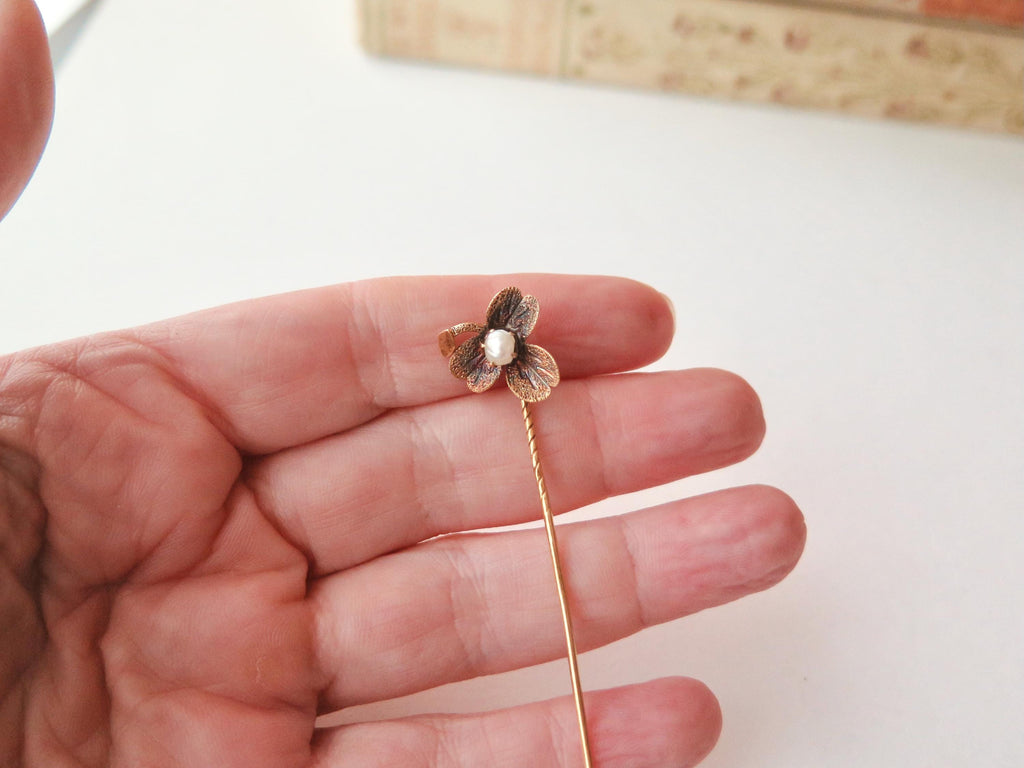 Antique Art Nouveau 14ct Gold Stick Pin, Natural Pearl Clover