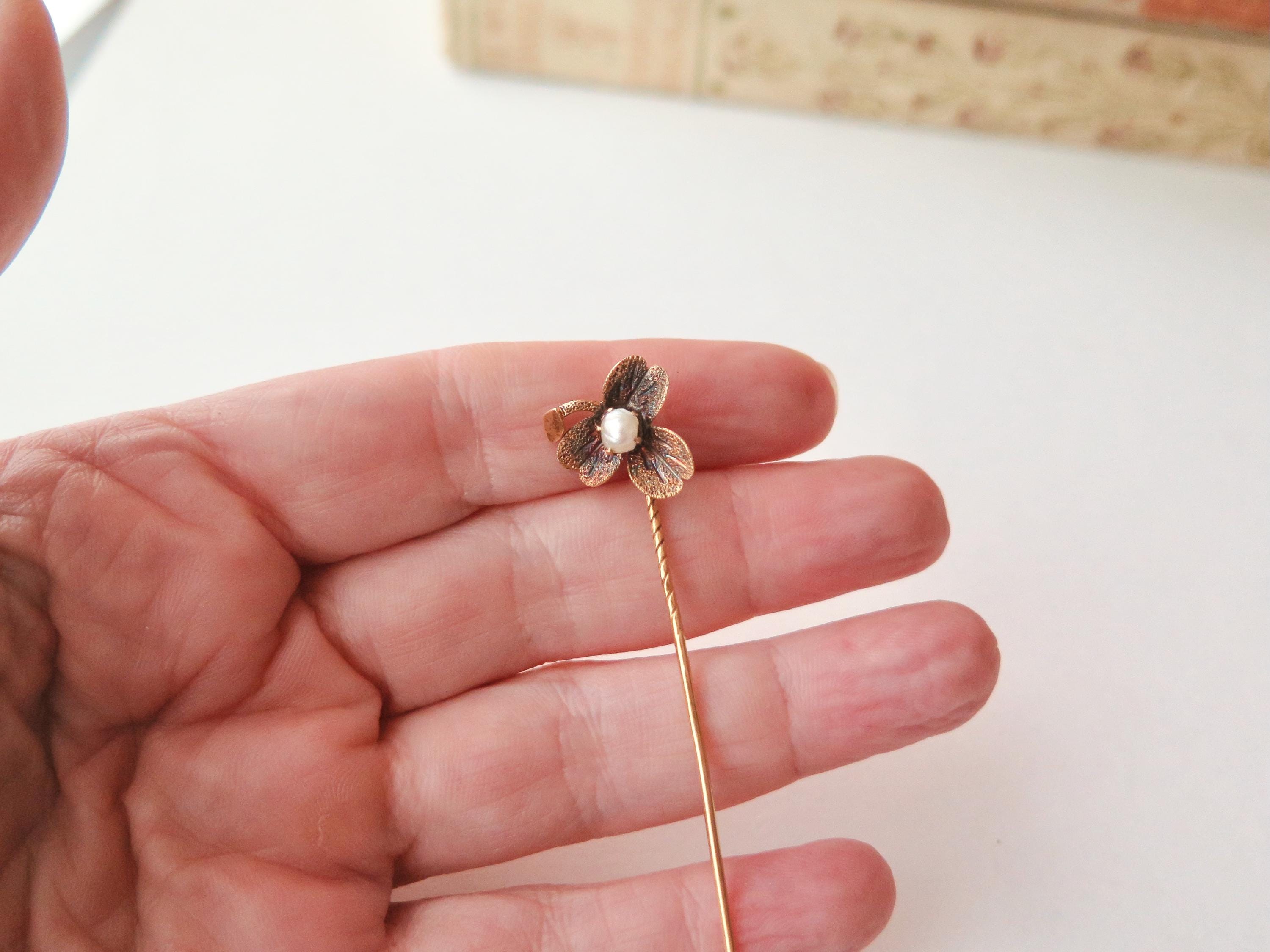 Antique Art Nouveau 14ct Gold Stick Pin, Natural Pearl Clover