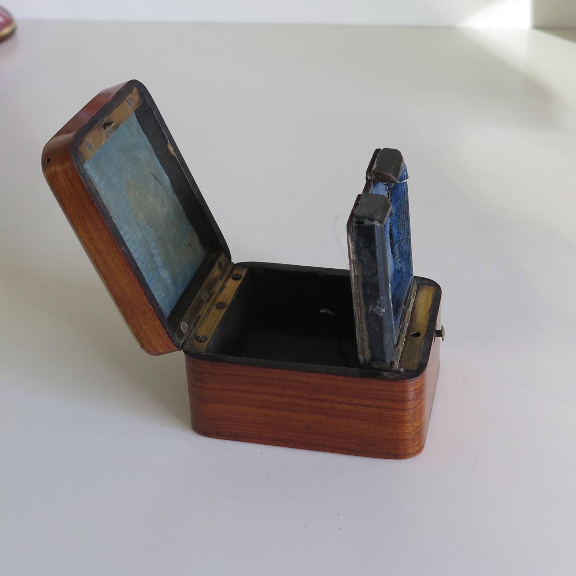 Antique Watch Box, Mother-of-Pearl Inlay, Blue Silk Interior, Jewellery Display Prop