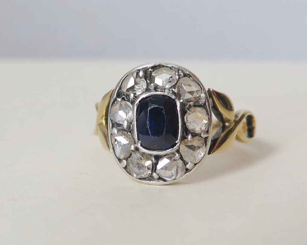 Edwardian Sapphire Diamond Cluster Ring: 14k Gold, Rose-Cut Diamonds, US Size 6