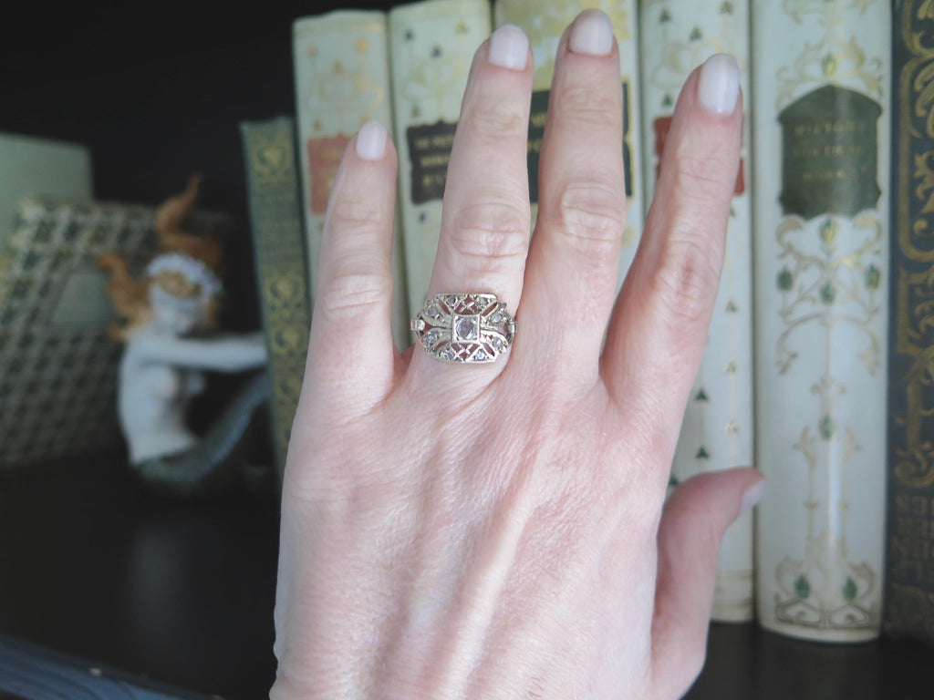 Antique 9k Gold Rose Cut Diamond Ring - Belle Epoque Filigree
