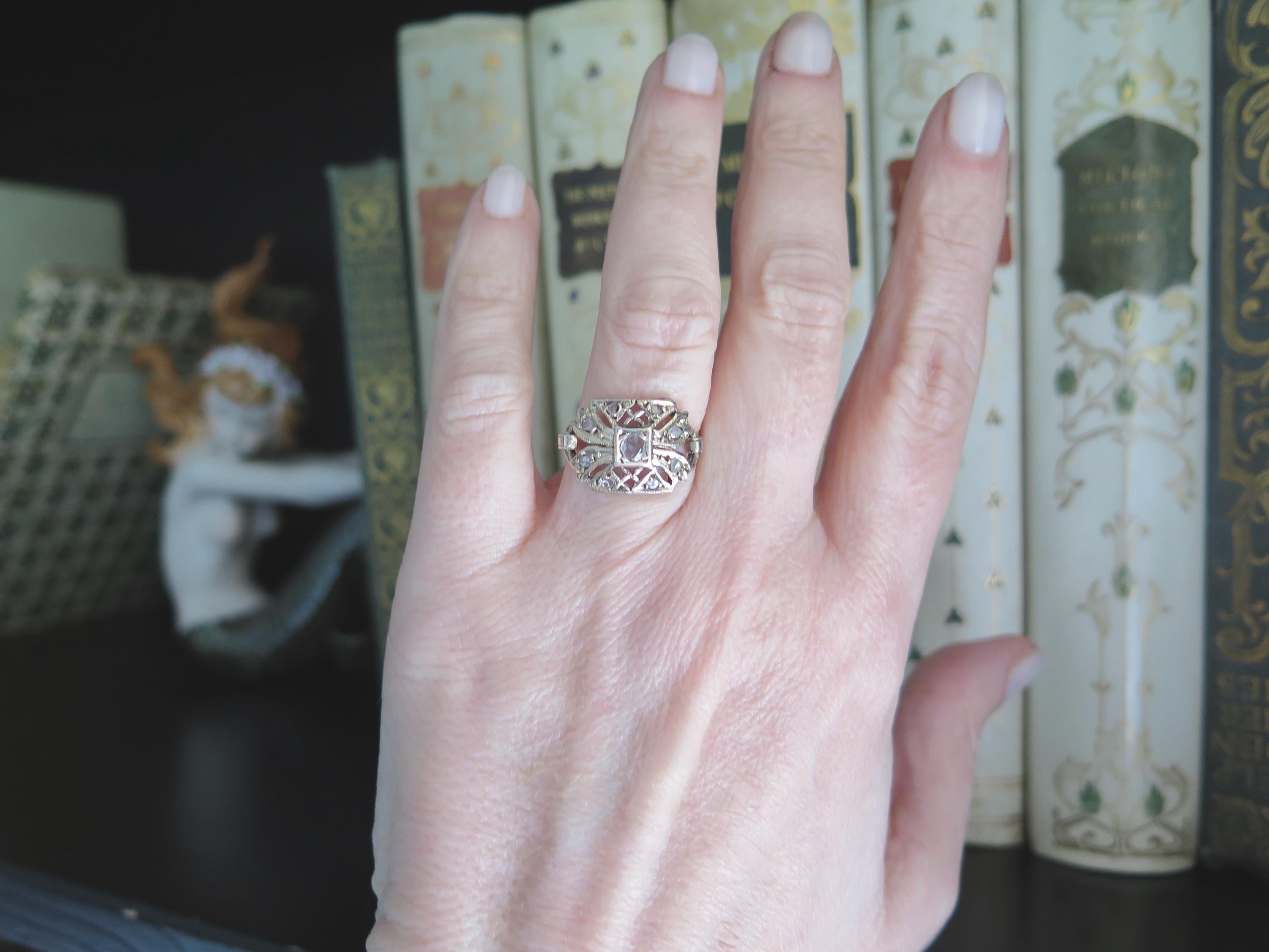 Antique 9k Gold Rose Cut Diamond Ring - Belle Epoque Filigree