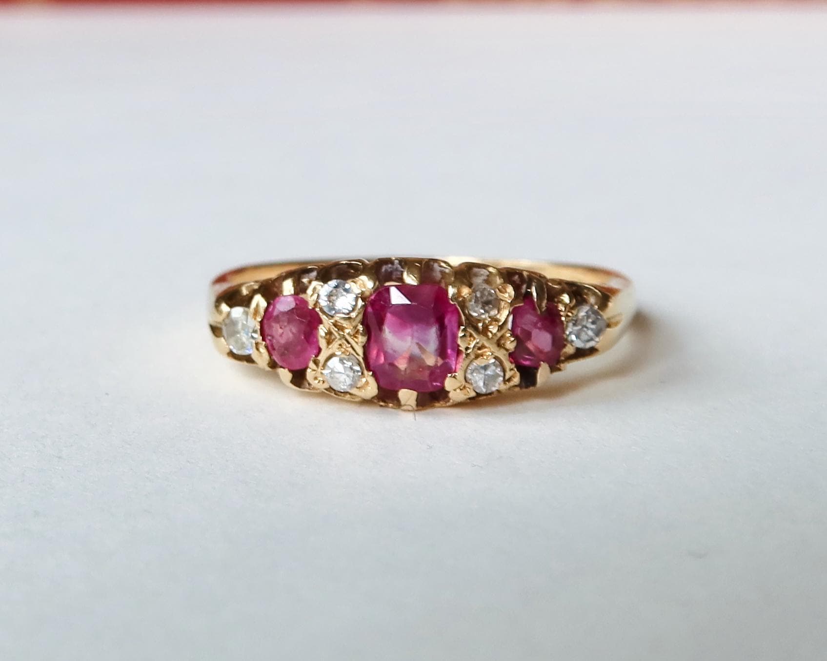 Antique Edwardian 18k Gold Pink Rubies and Diamonds Ring