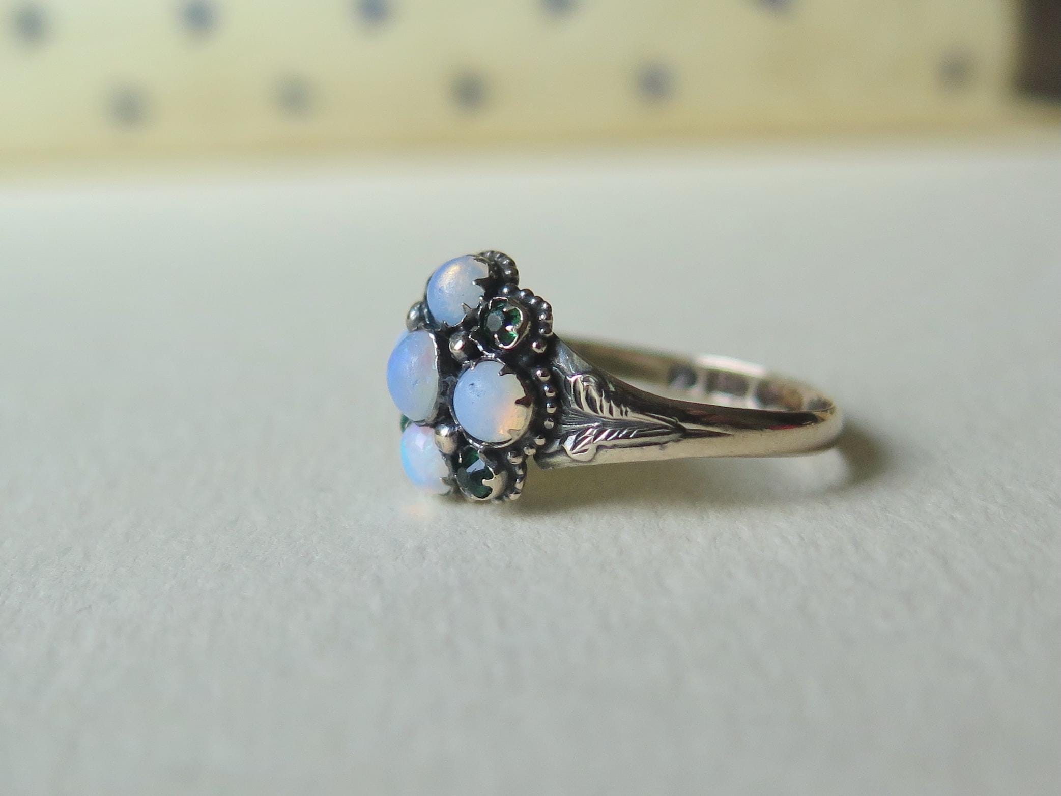 Victorian Opal Cluster Ring: 9ct Gold & Paste Emeralds, UK Hallmarked, US Size 6
