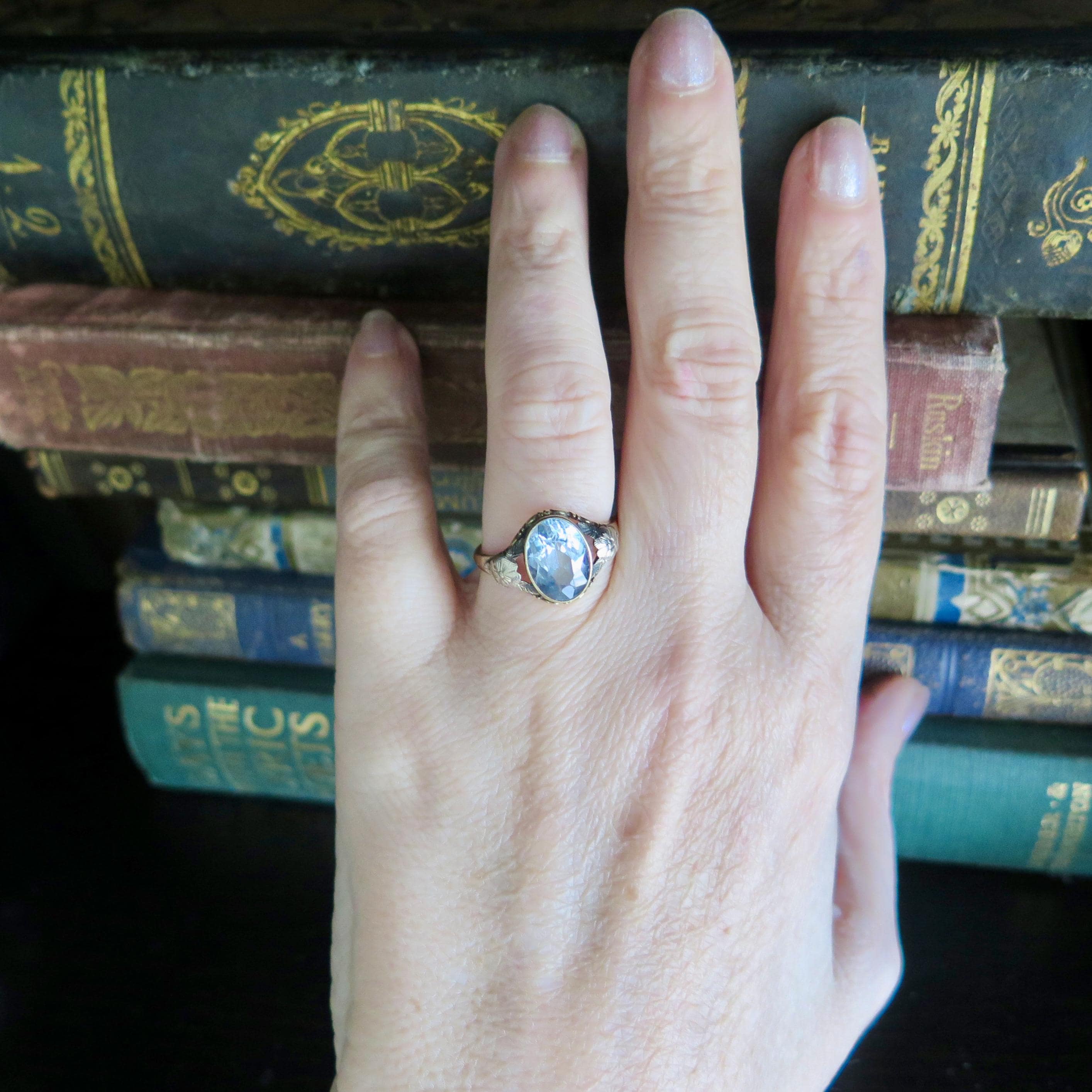 Antique French Art Nouveau Ring 14k Gold – Oval Blue Gemstone – Floral Shoulders