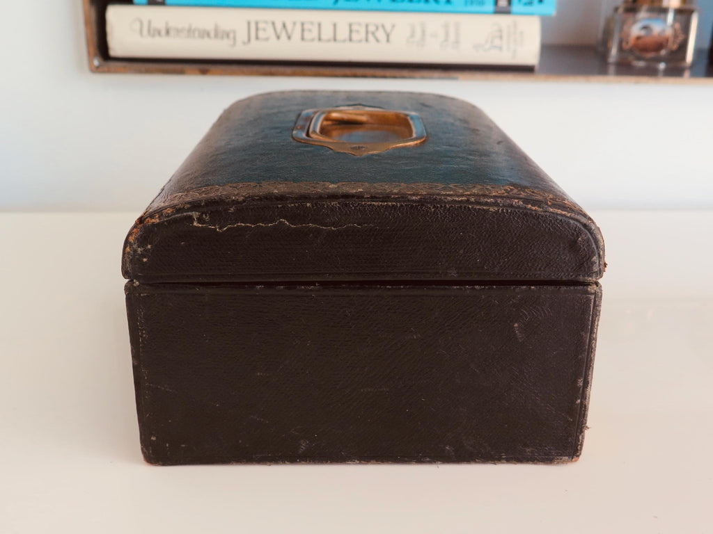 Antique Victorian Jewellery Casket – Gilt-tooled Leather, Brass Fittings & Deep Crimson Velvet