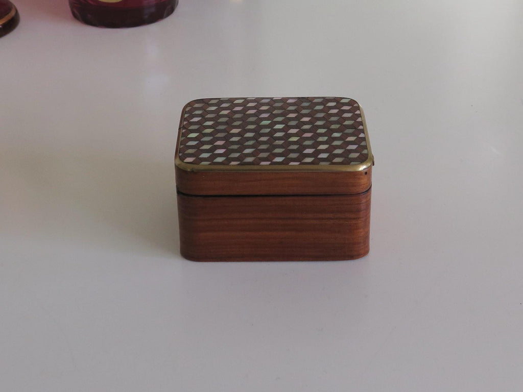 Antique Watch Box, Mother-of-Pearl Inlay, Blue Silk Interior, Jewellery Display Prop