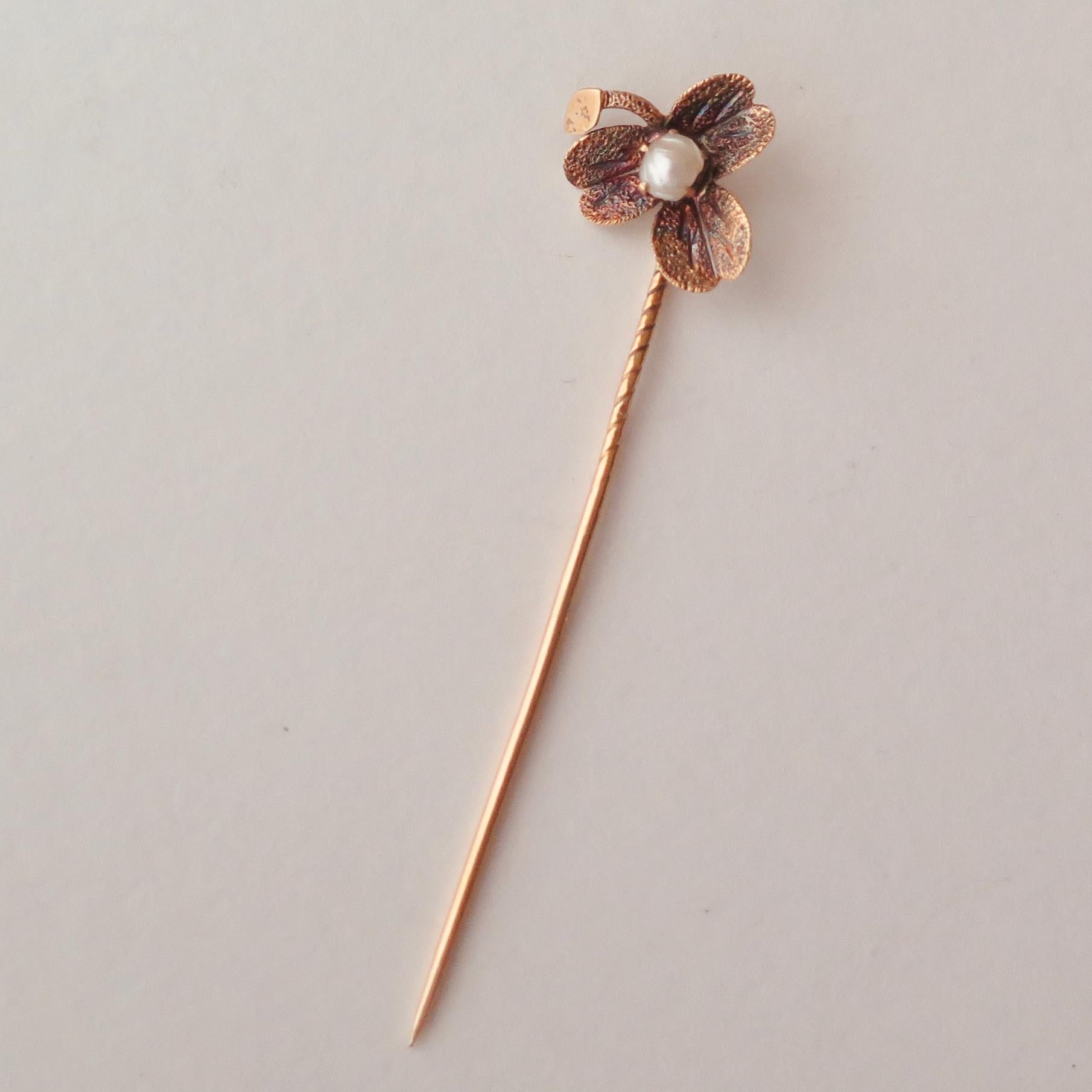Antique Art Nouveau 14ct Gold Stick Pin, Natural Pearl Clover