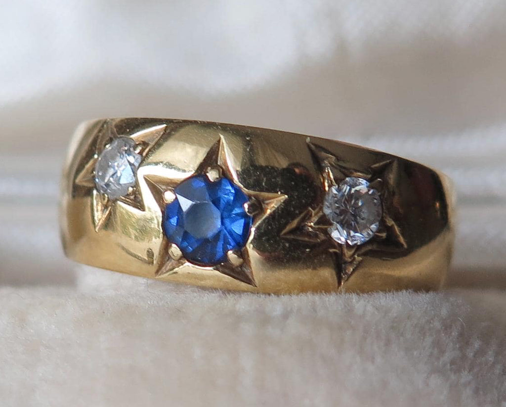 Antique Gipsy Ring 18k Gold, Sapphire and Diamonds Band Ring