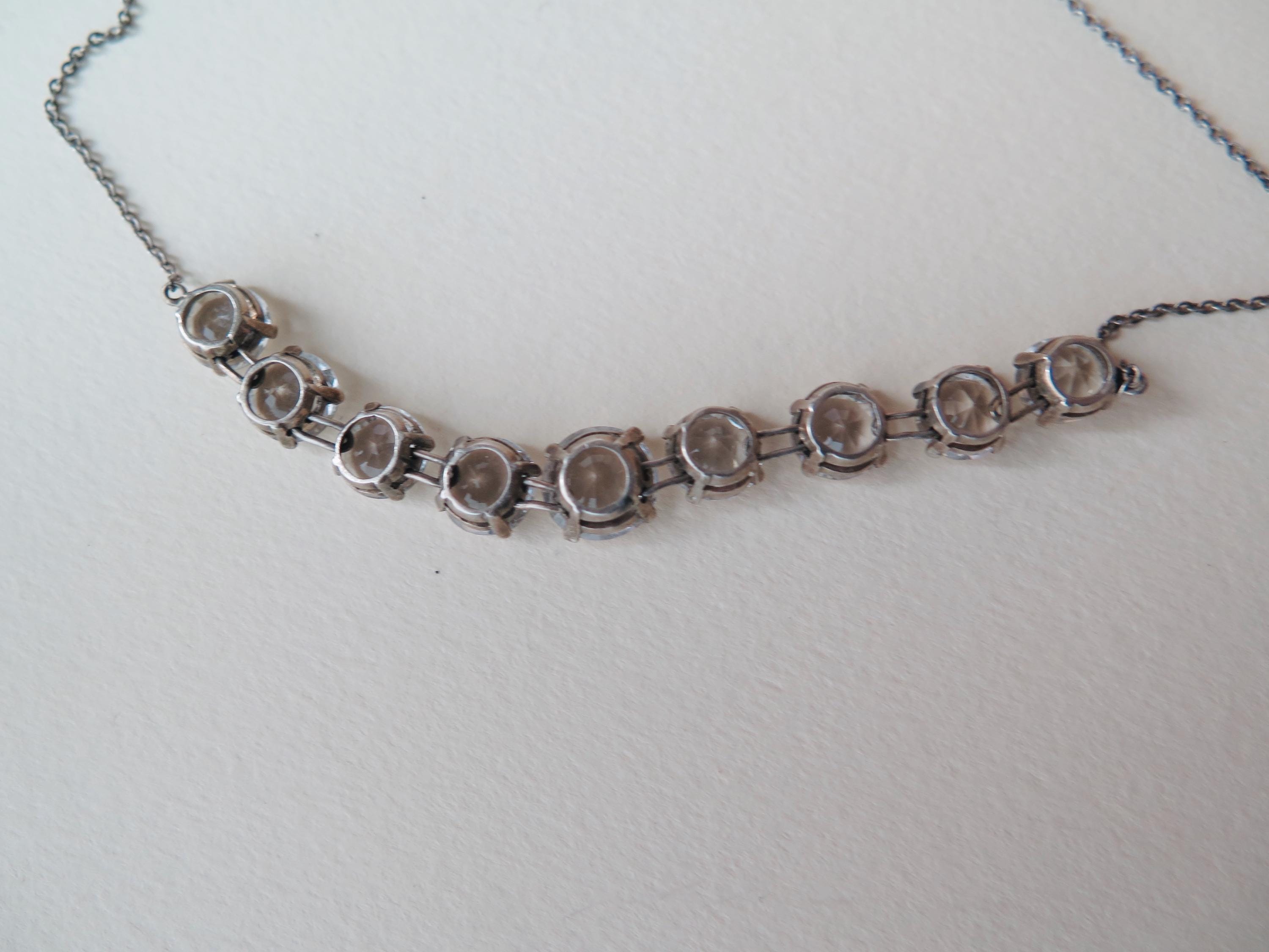 Antique Art Deco Silver Riviere Choker Necklace with Clear White Stones