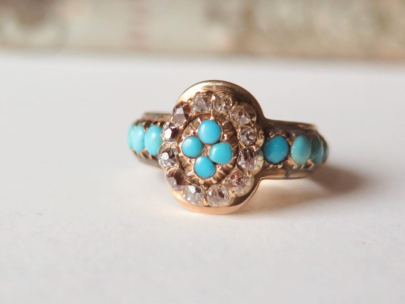 Antique 14k Gold Ring with Turquoise and Old Mine Cut Diamonds “Friendship” Engraving