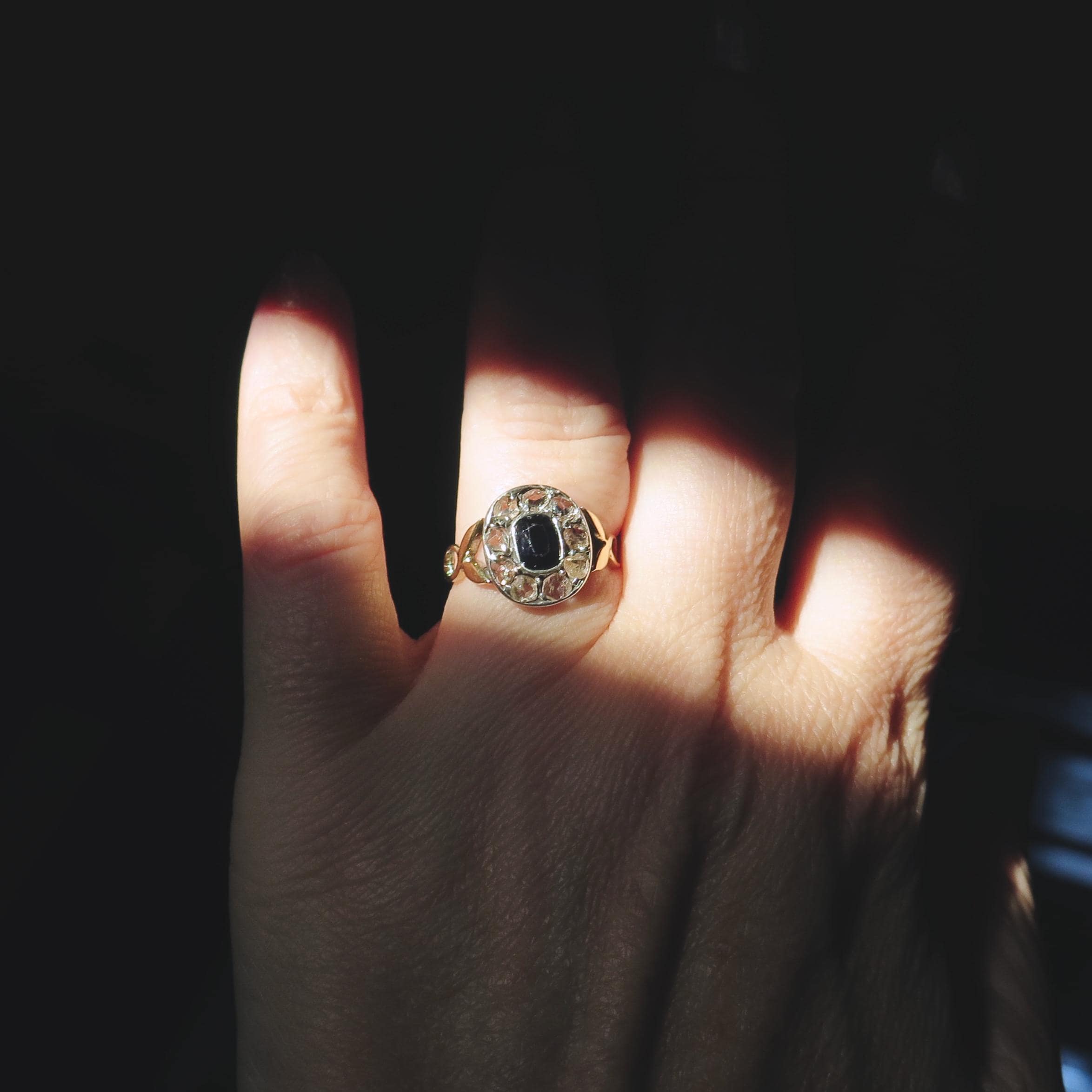 Edwardian Sapphire Diamond Cluster Ring: 14k Gold, Rose-Cut Diamonds, US Size 6