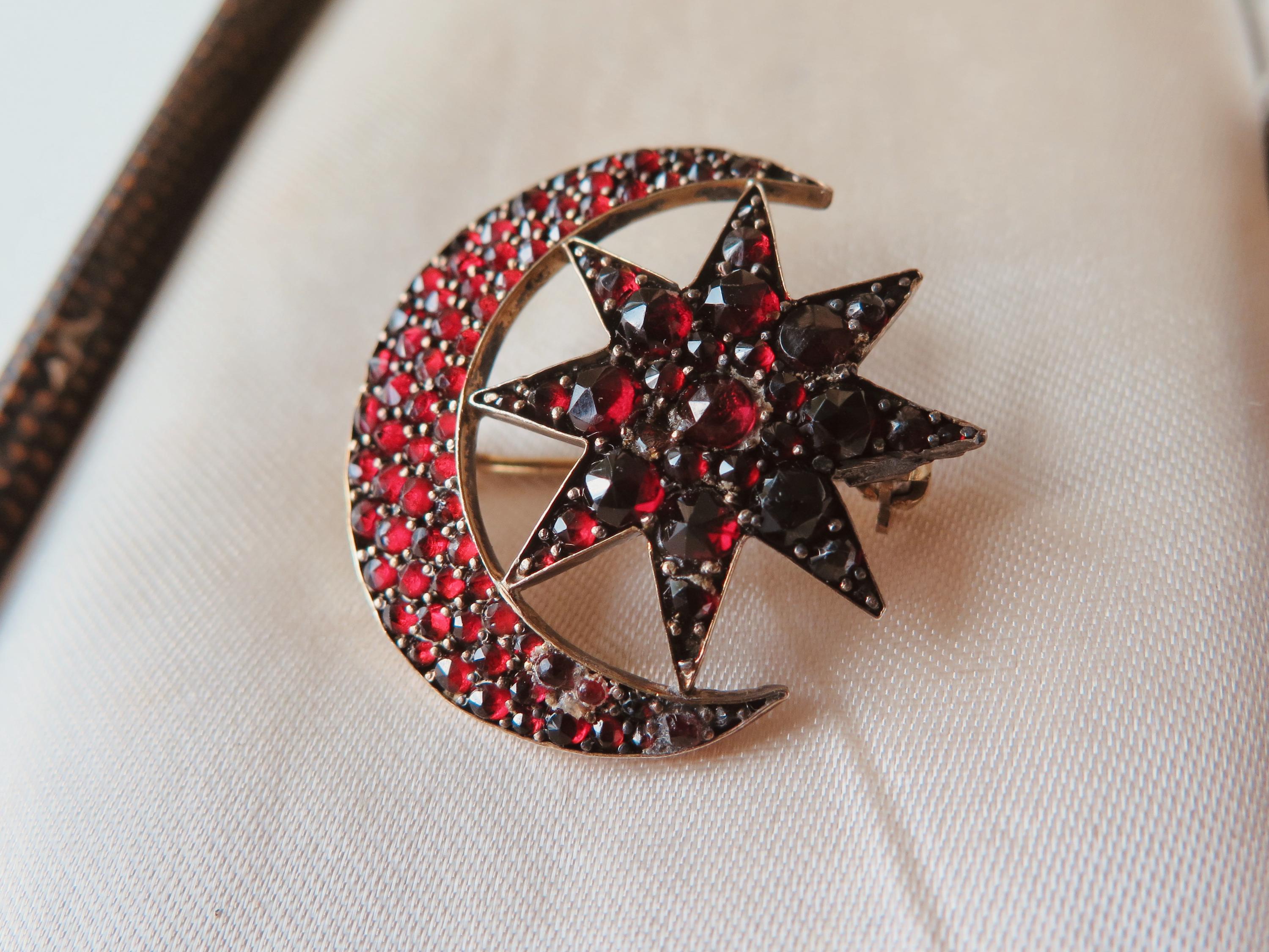 Victorian Garnet Brooch, Crescent Moon & Star, Antique Celestial Jewel, Bohemian Garnets