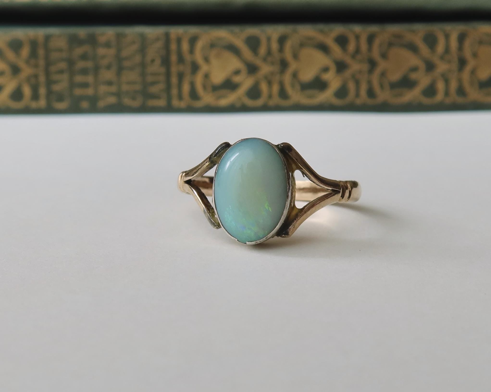 Antique Edwardian 9k Gold Natural Opal Ring, Oval Cabochon Opal
