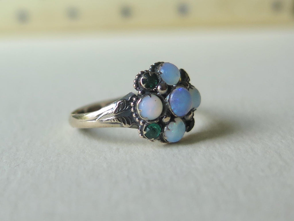 Victorian Opal Cluster Ring: 9ct Gold & Paste Emeralds, UK Hallmarked, US Size 6