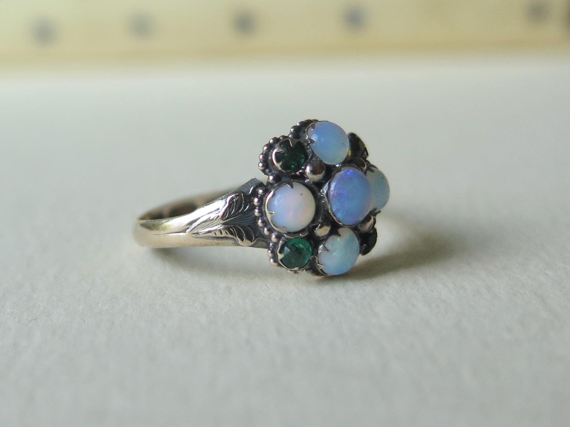 Victorian Opal Cluster Ring: 9ct Gold & Paste Emeralds, UK Hallmarked, US Size 6