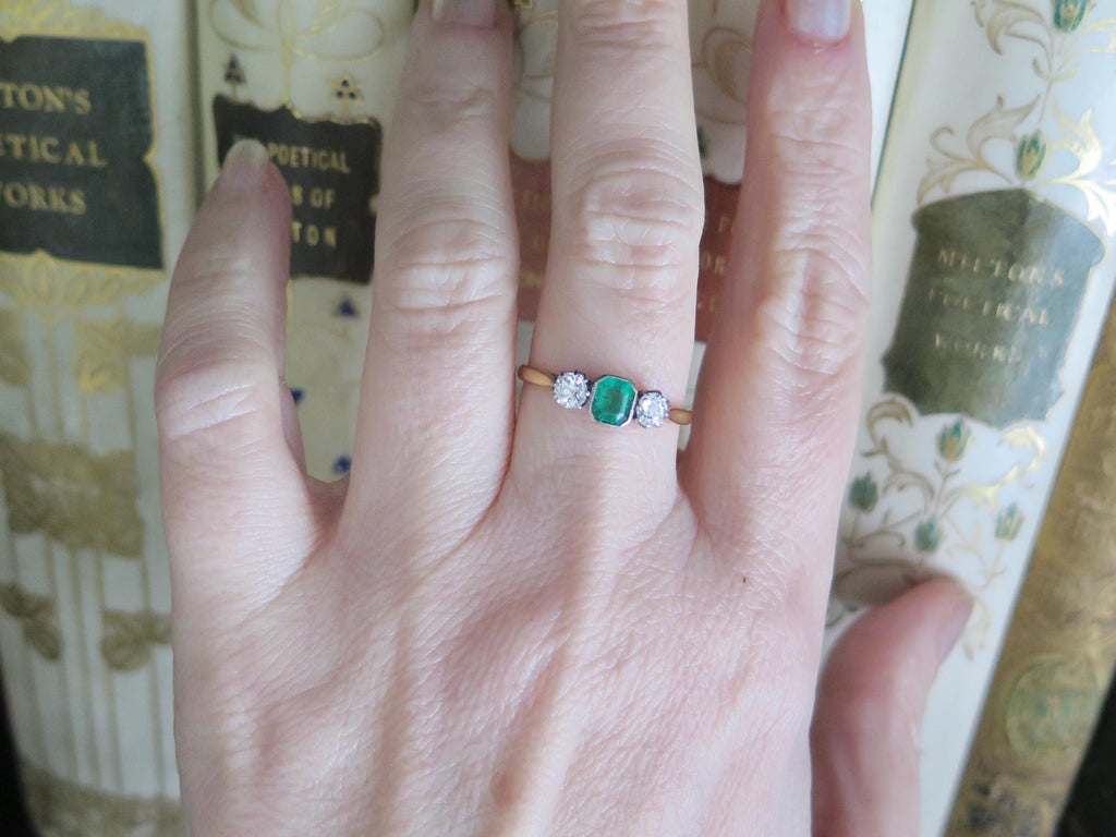 Antique Art Deco Emerald and Diamond Trilogy Ring, 18k Gold Platinum
