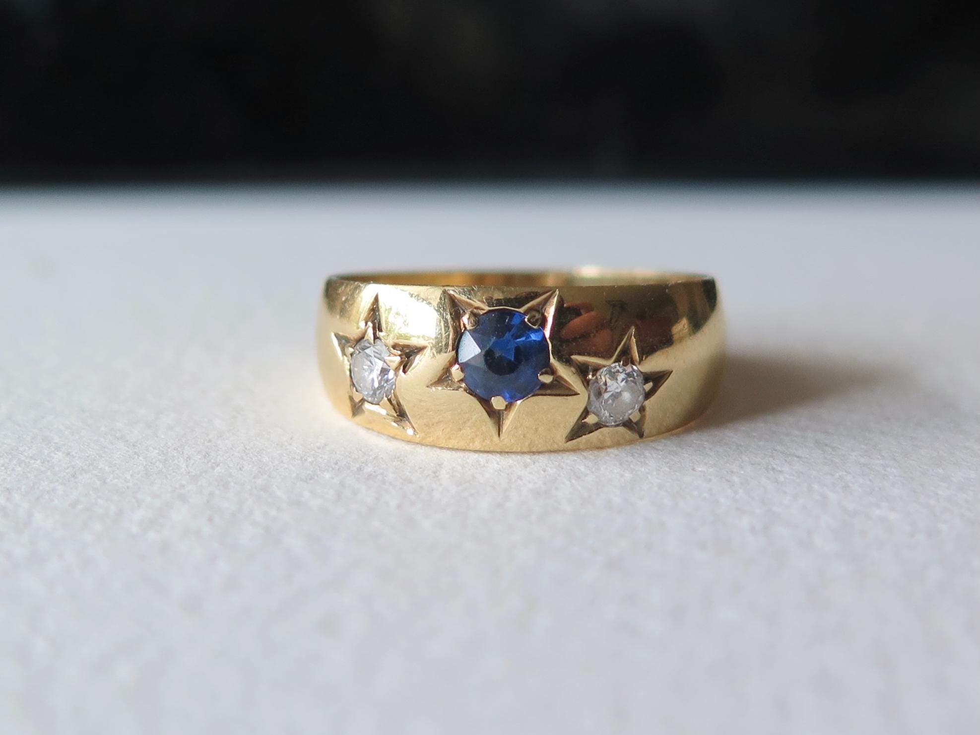 Antique Gipsy Ring 18k Gold, Sapphire and Diamonds Band Ring