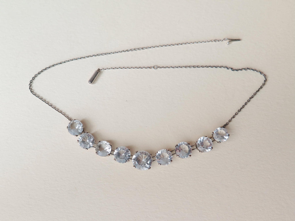 Antique Art Deco Silver Riviere Choker Necklace with Clear White Stones
