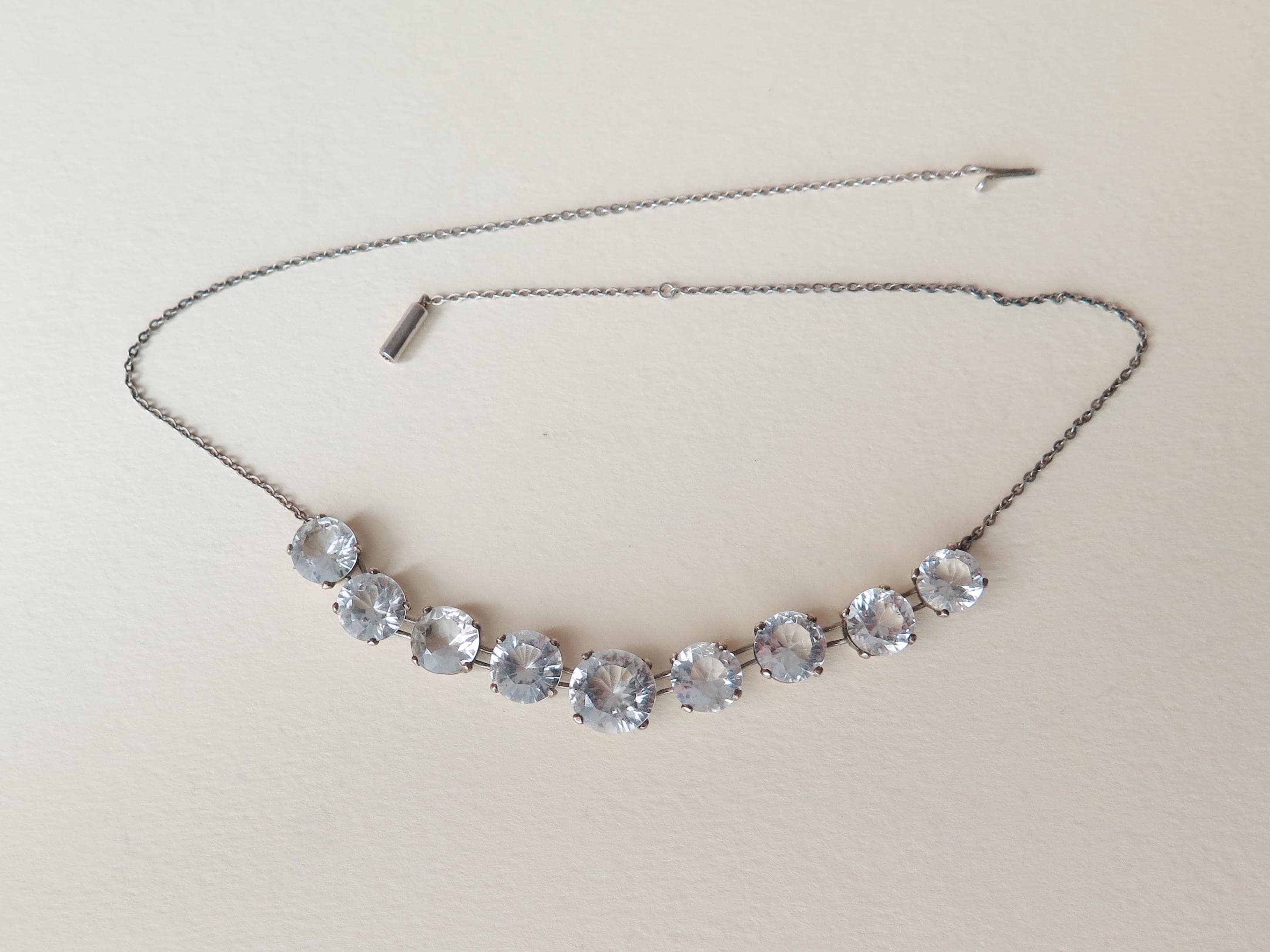 Antique Art Deco Silver Riviere Choker Necklace with Clear White Stones