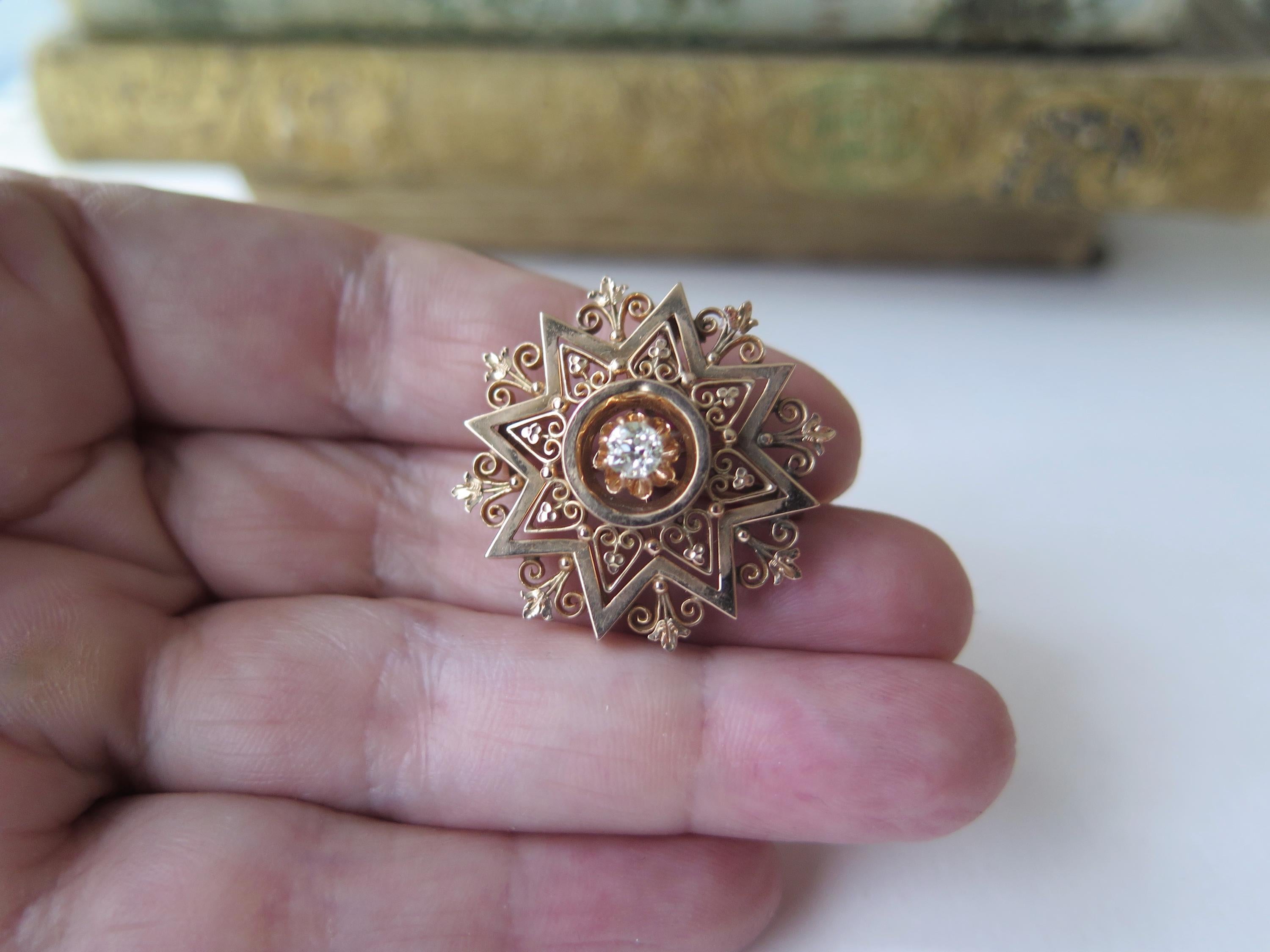 Antique 14k Gold Star Pendant-Brooch with Old Mine Cut Diamond