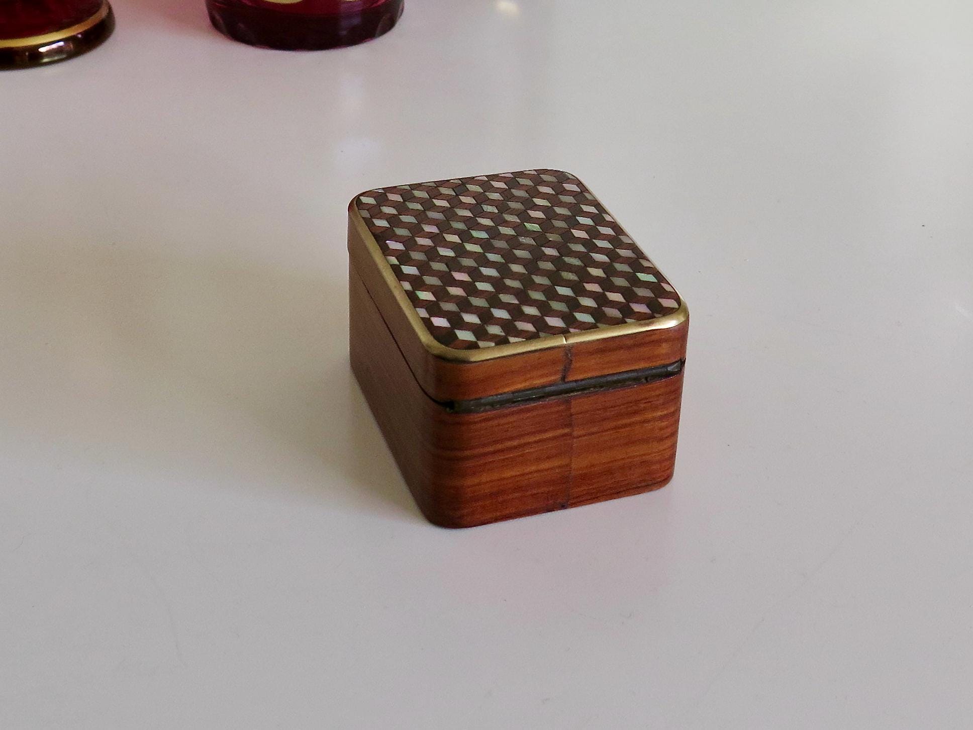 Antique Watch Box, Mother-of-Pearl Inlay, Blue Silk Interior, Jewellery Display Prop