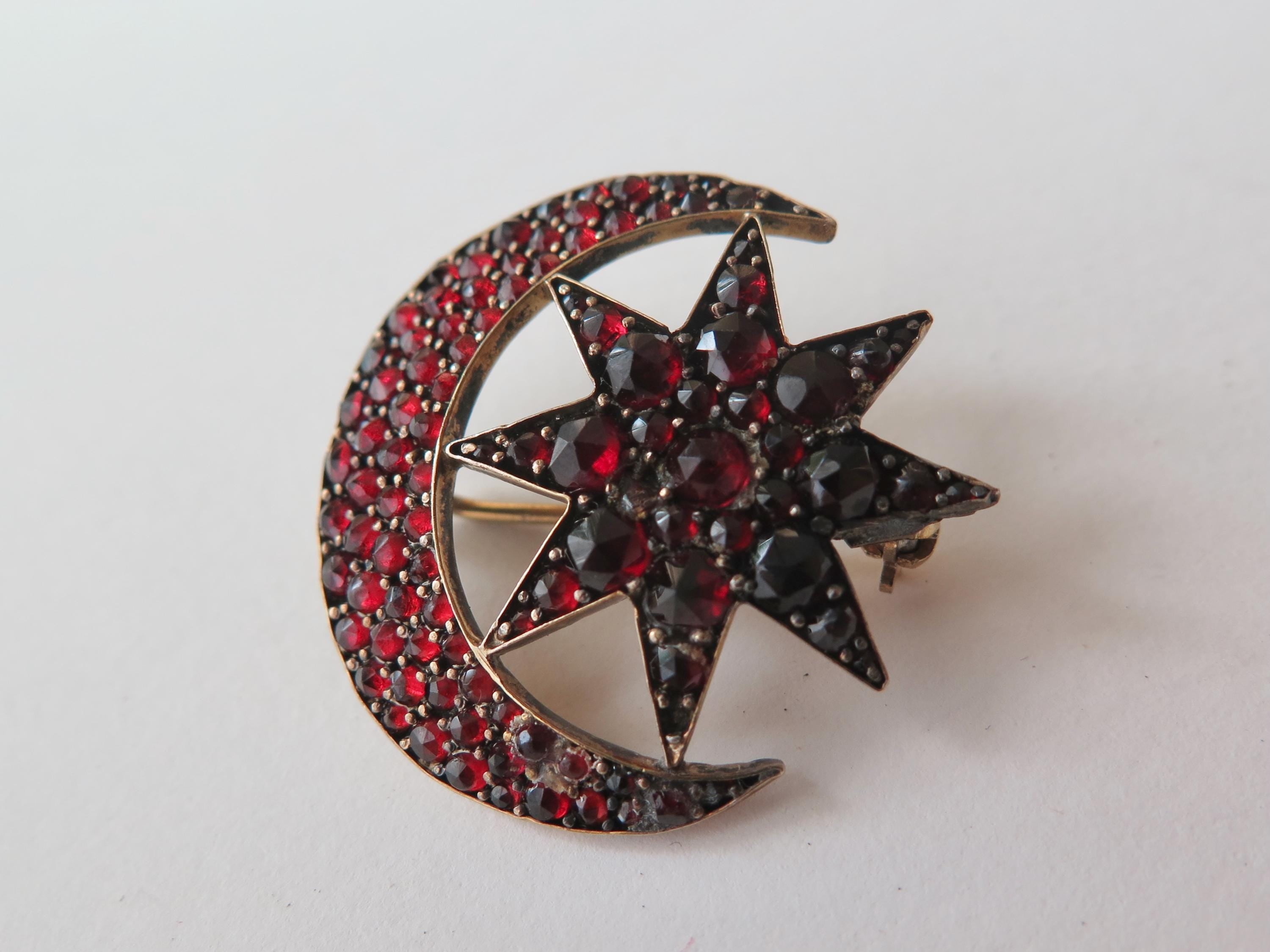 Victorian Garnet Brooch, Crescent Moon & Star, Antique Celestial Jewel, Bohemian Garnets