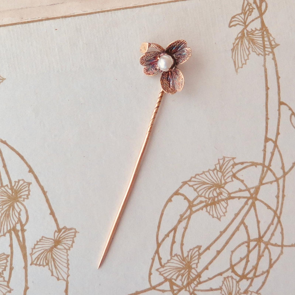 Antique Art Nouveau 14ct Gold Stick Pin, Natural Pearl Clover