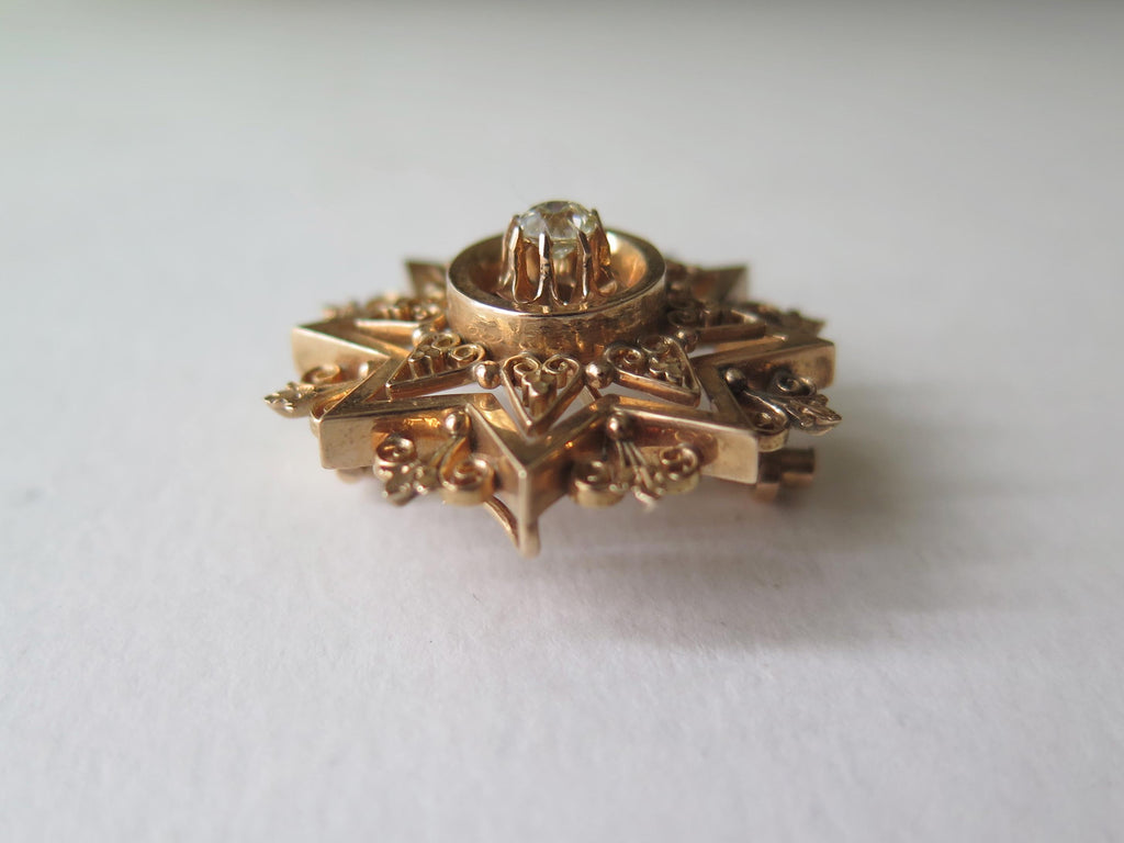 Antique 14k Gold Star Pendant-Brooch with Old Mine Cut Diamond