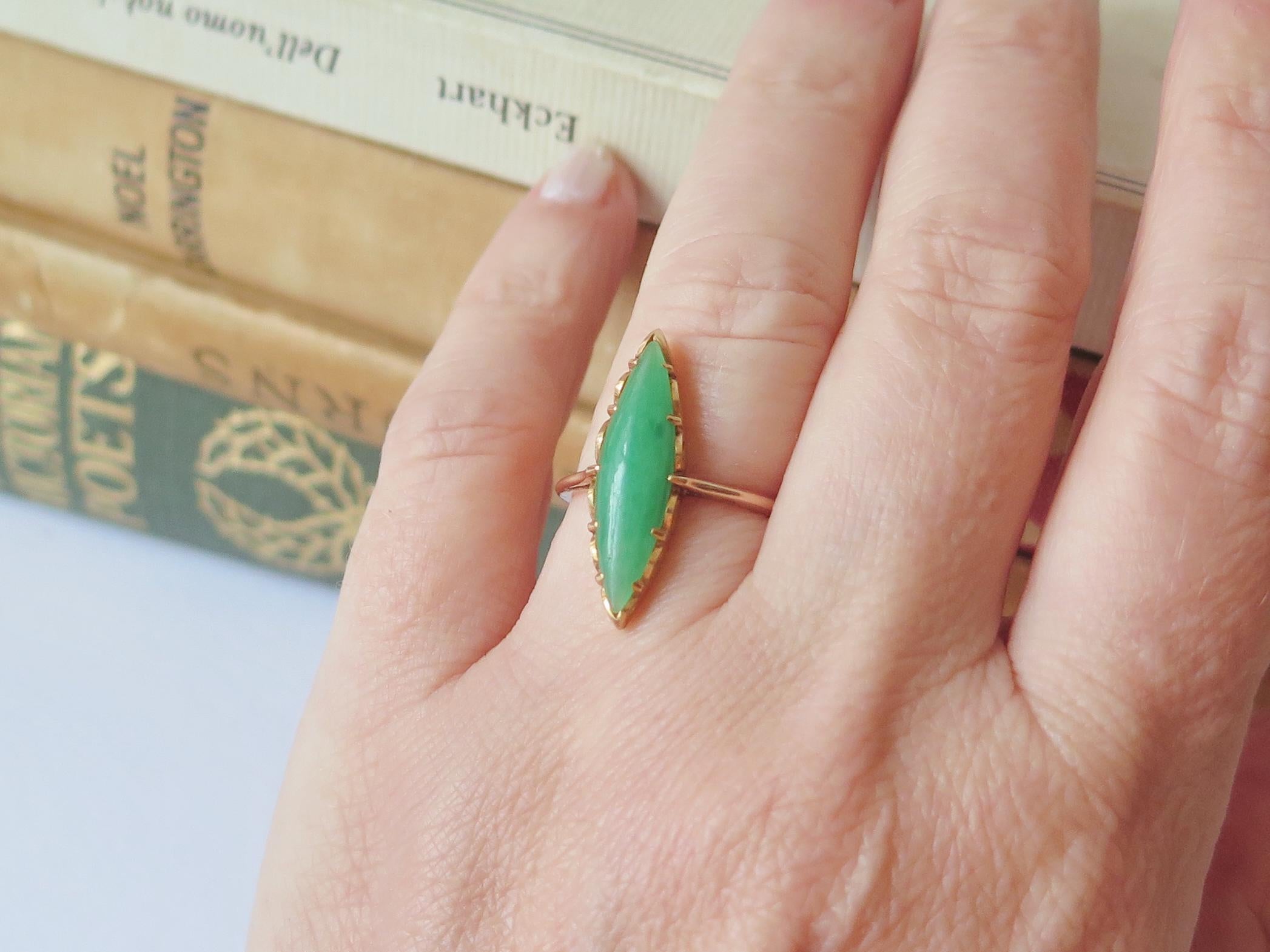 Edwardian 9k Gold Marquise Jade Ring - US Size 5.5
