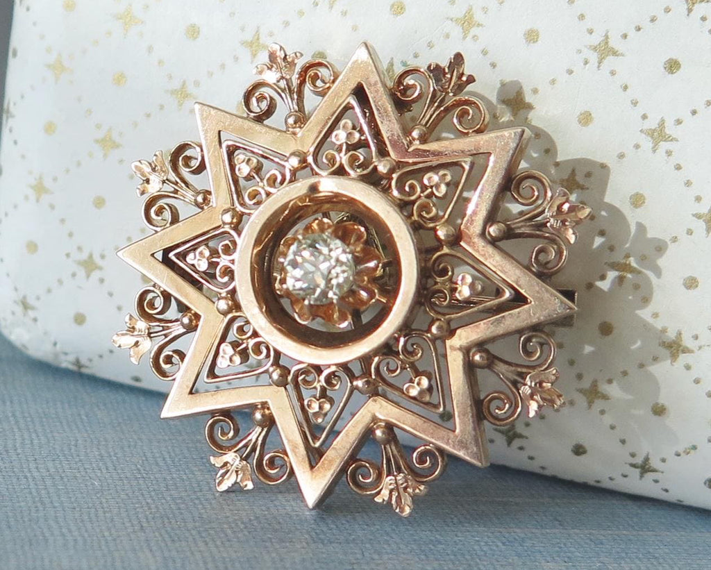 Antique 14k Gold Star Pendant-Brooch with Old Mine Cut Diamond