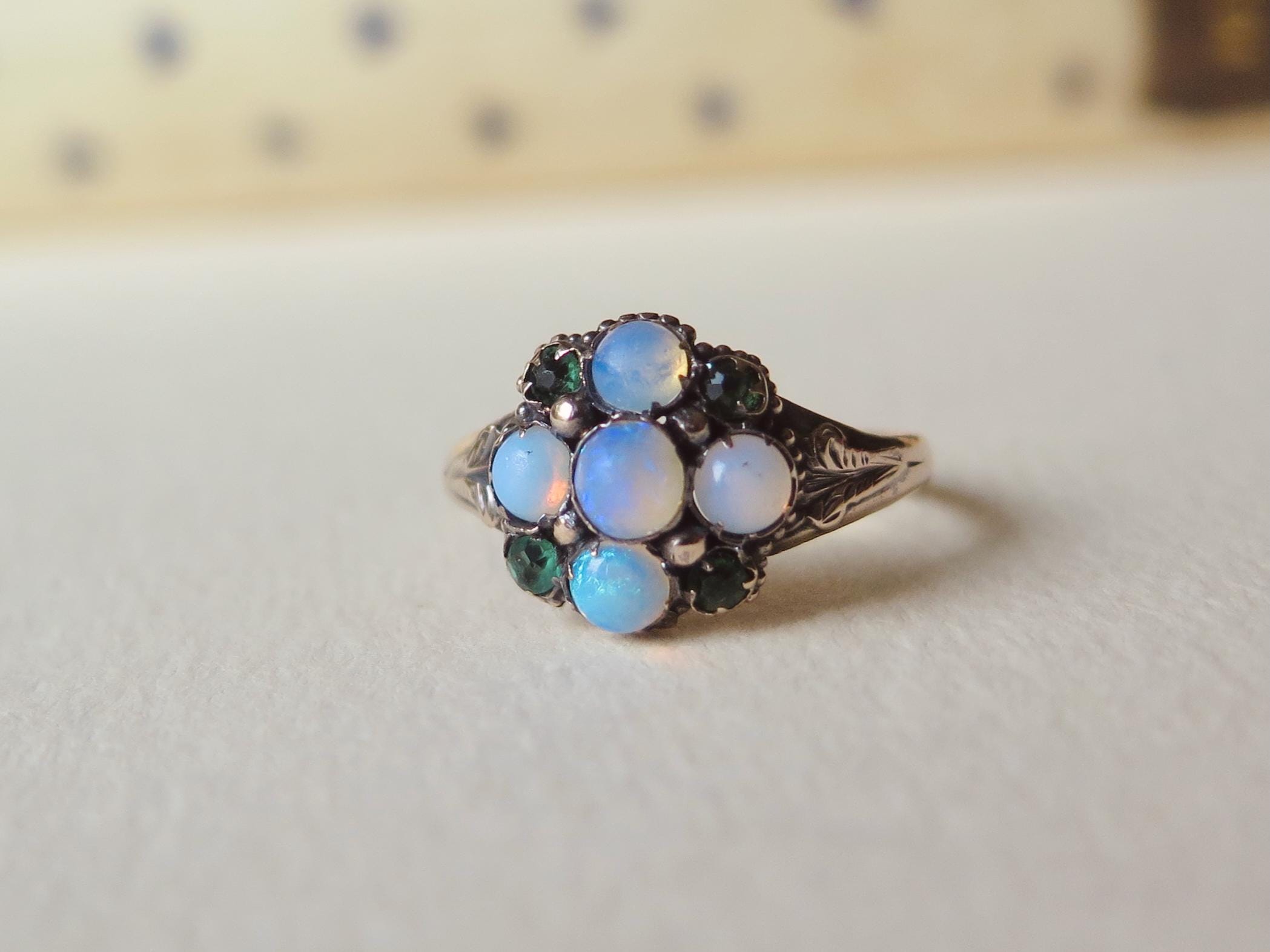Victorian Opal Cluster Ring: 9ct Gold & Paste Emeralds, UK Hallmarked, US Size 6