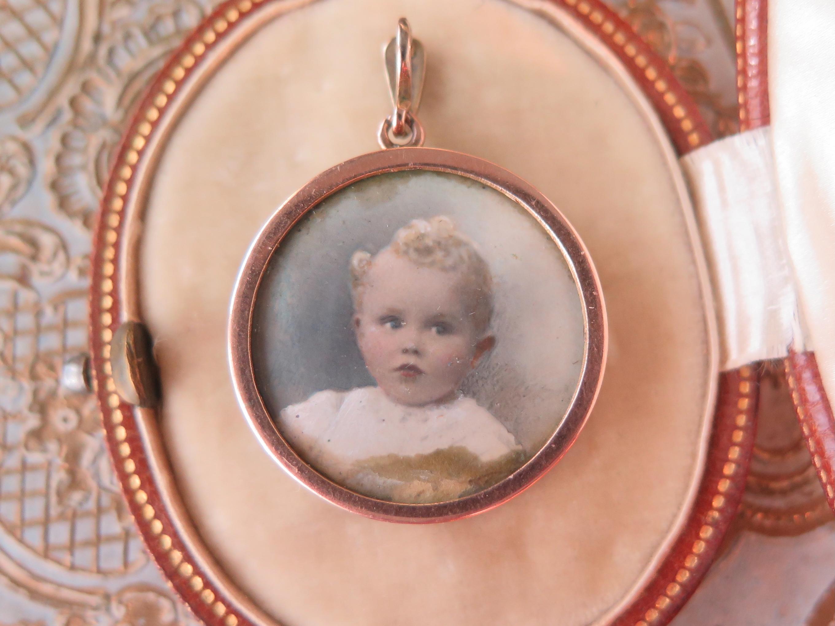 Antique Edwardian 9k Gold Double-Glass Locket with Grey Seed Pearls, Hand Coloured Portrait Miniatures