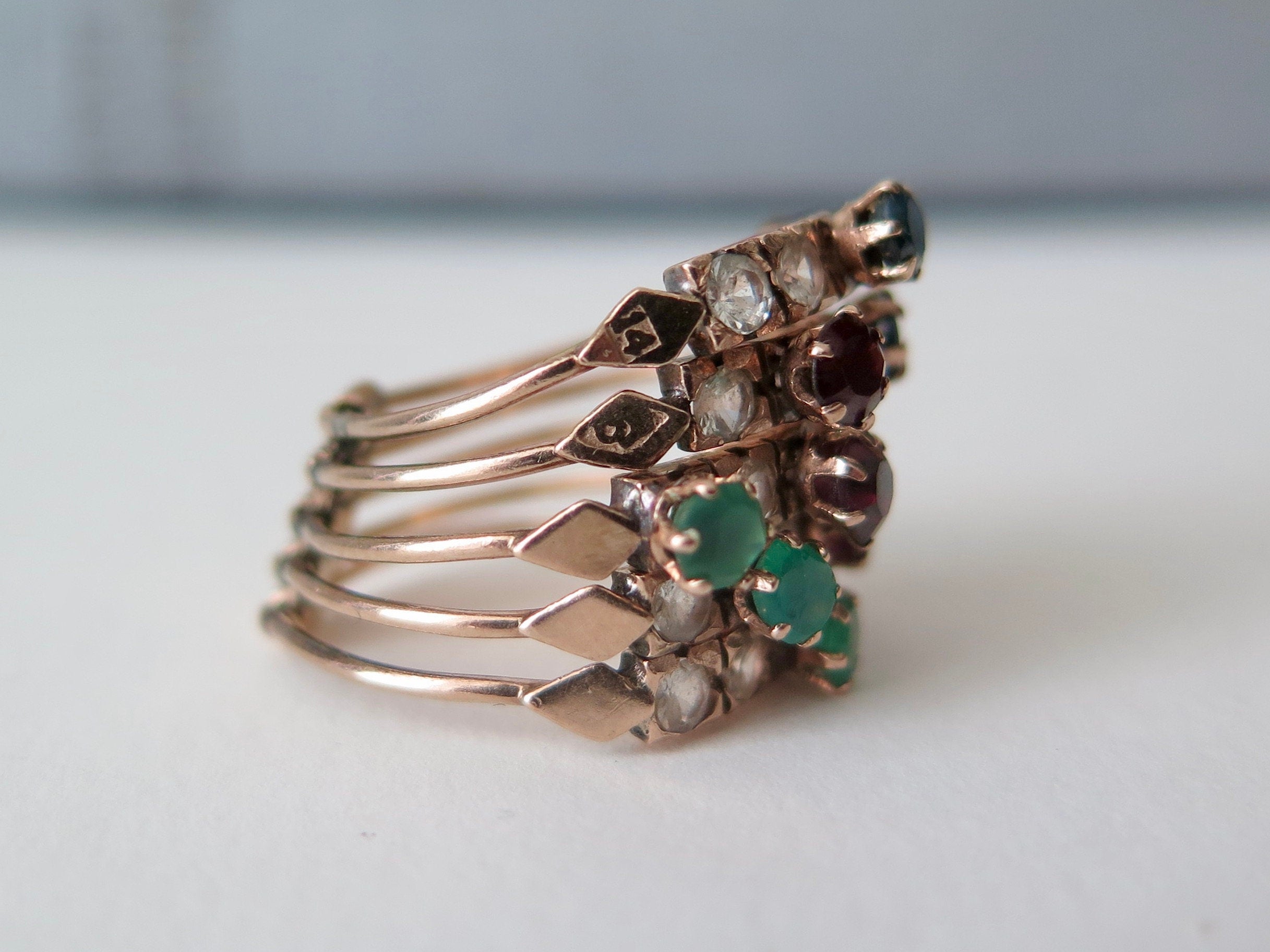 Antique 14k Gold Harem Ring: Sapphire, Garnet, Chrysoprase, Rock Crystal