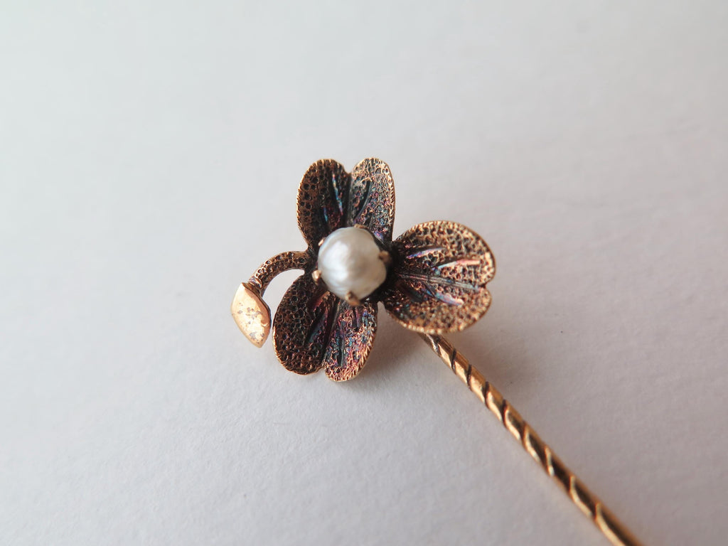 Antique Art Nouveau 14ct Gold Stick Pin, Natural Pearl Clover