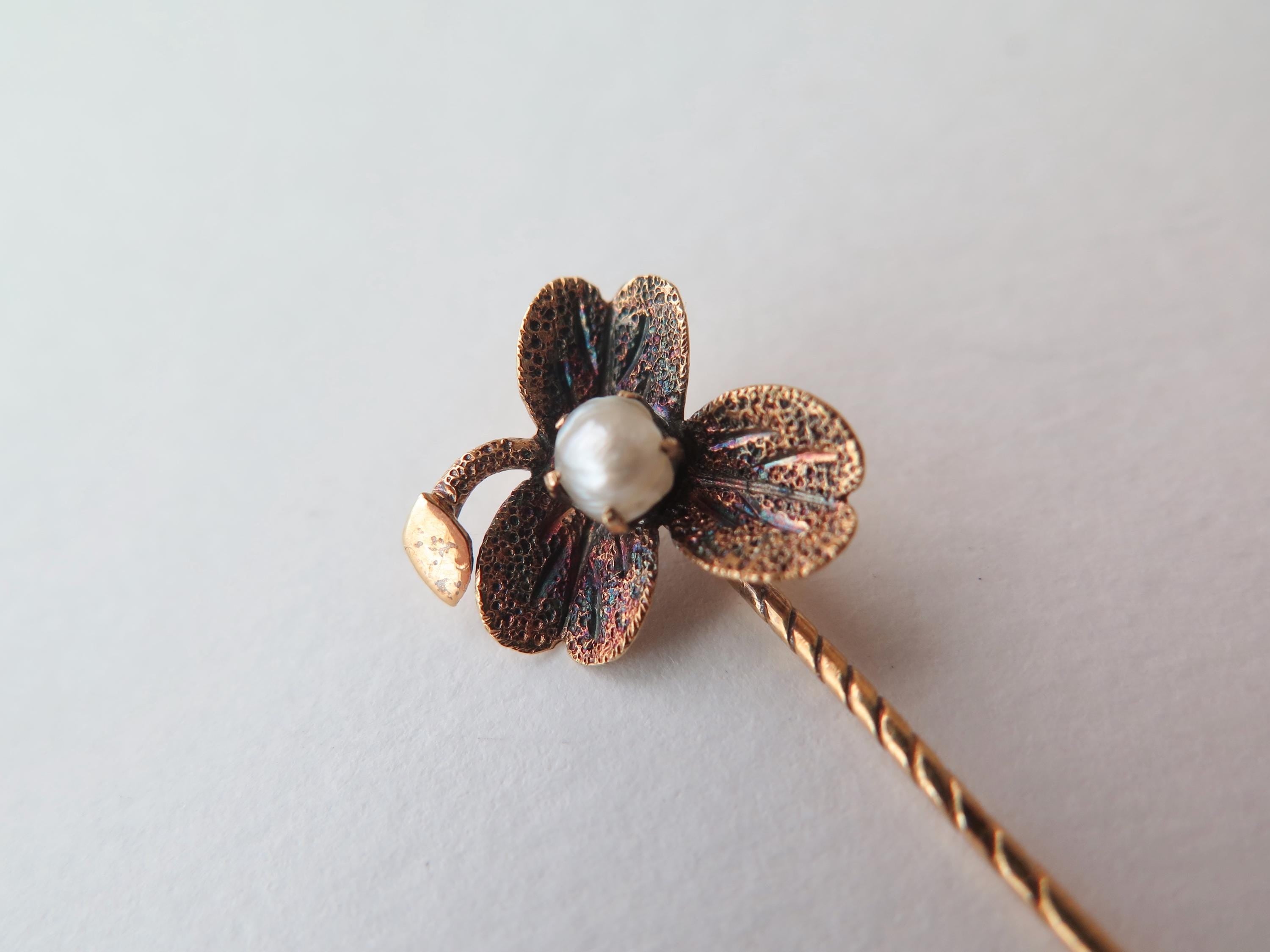 Antique Art Nouveau 14ct Gold Stick Pin, Natural Pearl Clover