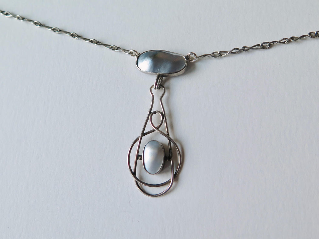 Antique Silver Mother-of-Pearl Pendant Necklace - Arts & Crafts c1900