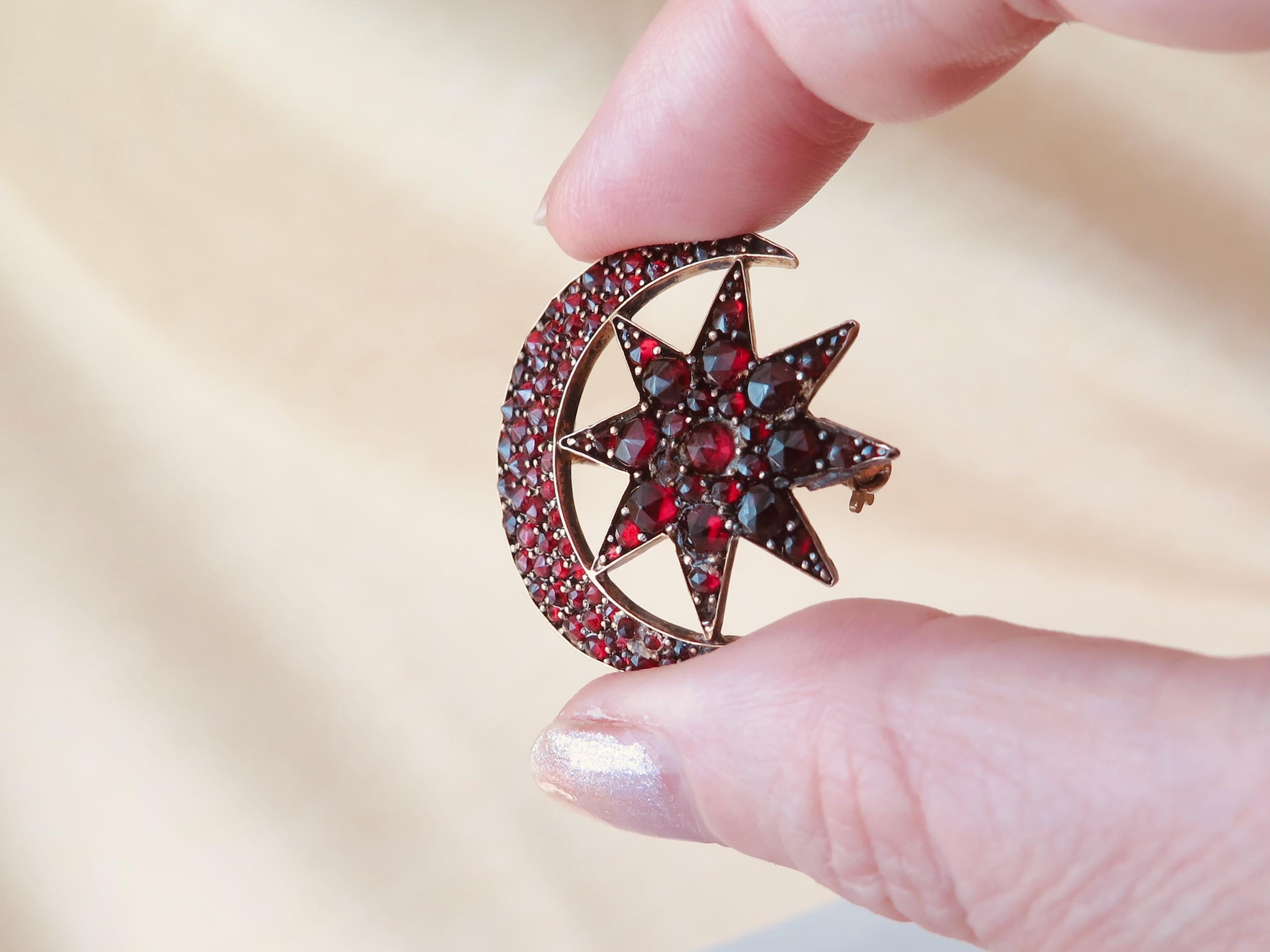 Victorian Garnet Brooch, Crescent Moon & Star, Antique Celestial Jewel, Bohemian Garnets