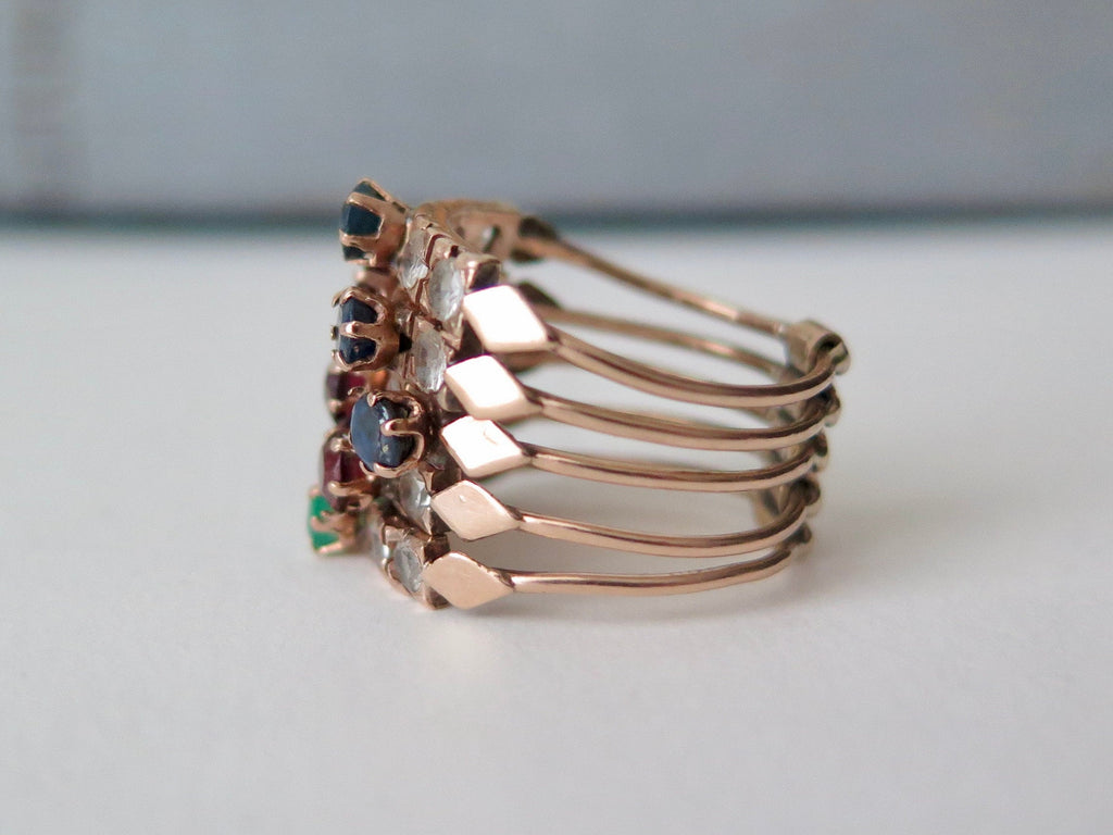Antique 14k Gold Harem Ring: Sapphire, Garnet, Chrysoprase, Rock Crystal