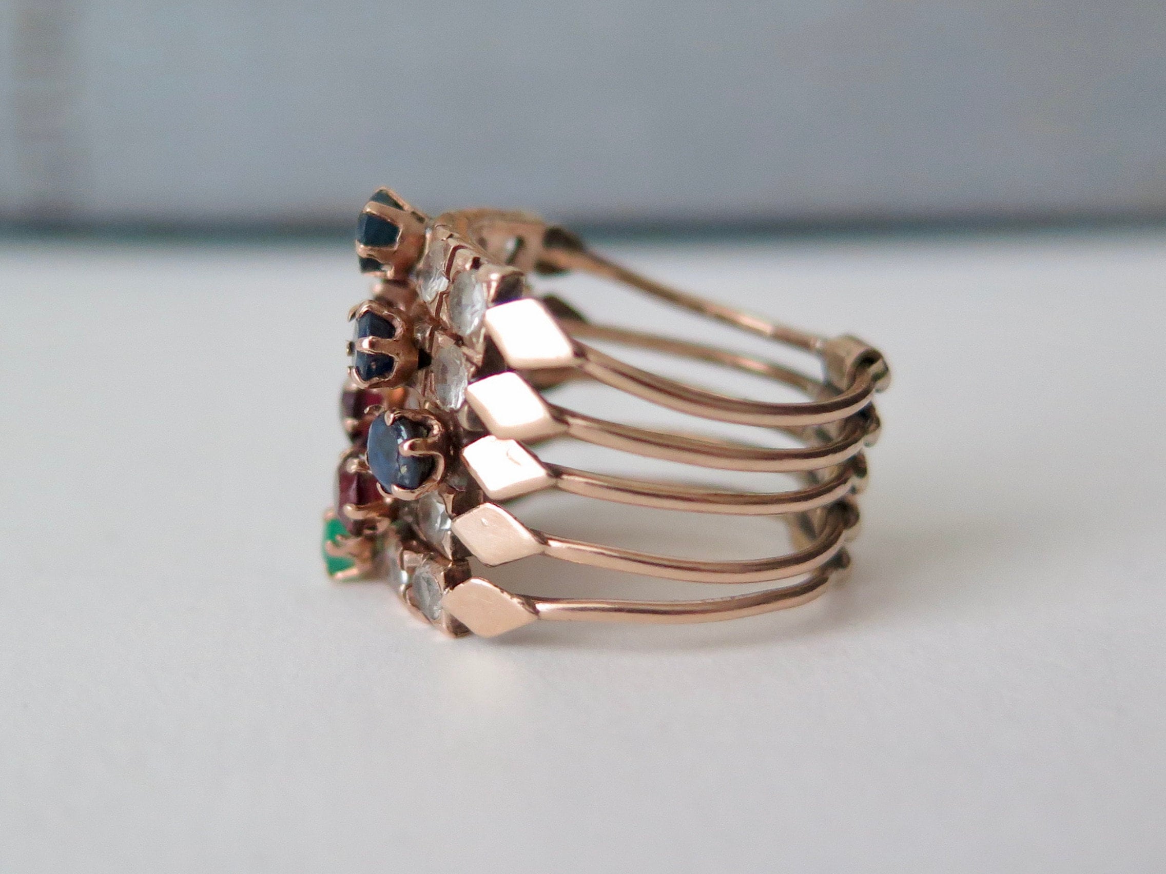 Antique 14k Gold Harem Ring: Sapphire, Garnet, Chrysoprase, Rock Crystal