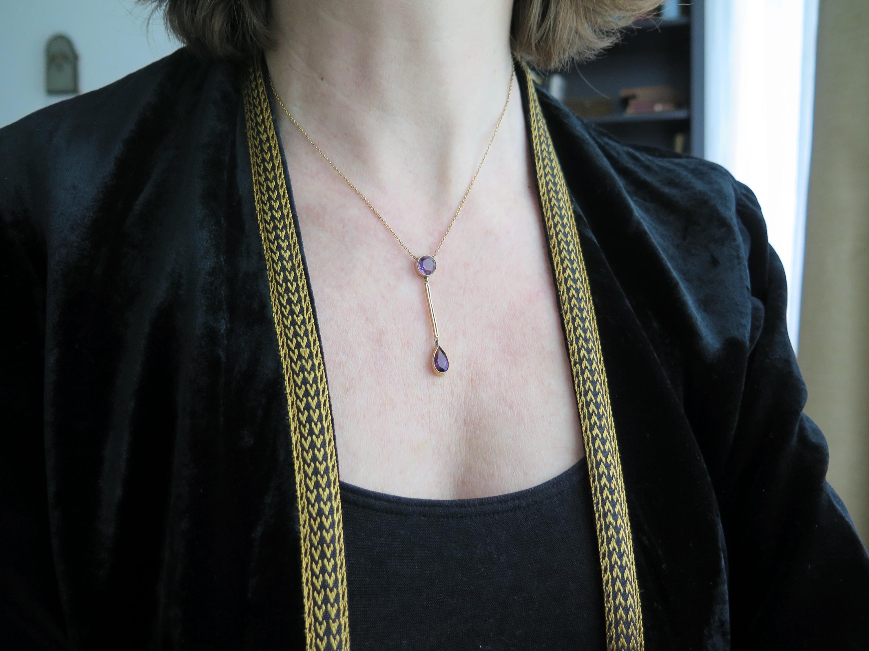 Antique Edwardian Necklace, 9k Rose Gold Amethysts Negligee Necklace