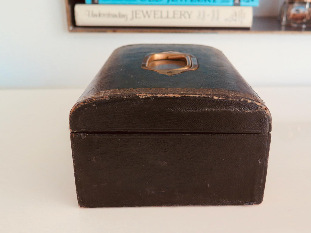 Antique Victorian Jewellery Casket – Gilt-tooled Leather, Brass Fittings & Deep Crimson Velvet