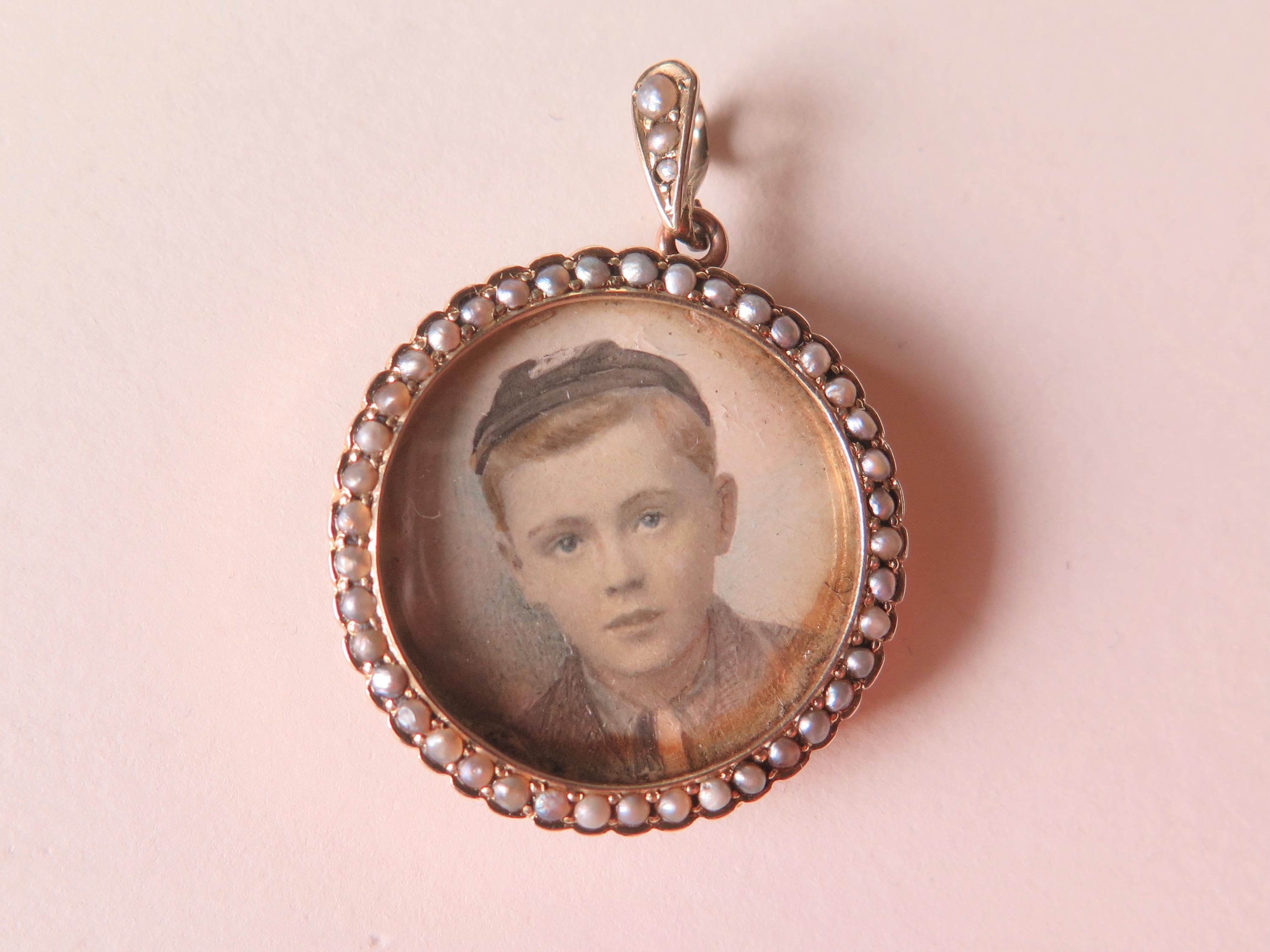 Antique Edwardian 9k Gold Double-Glass Locket with Grey Seed Pearls, Hand Coloured Portrait Miniatures