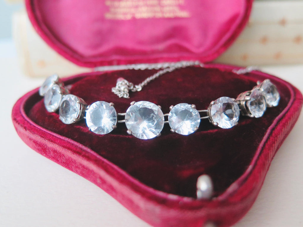 Antique Art Deco Silver Riviere Choker Necklace with Clear White Stones