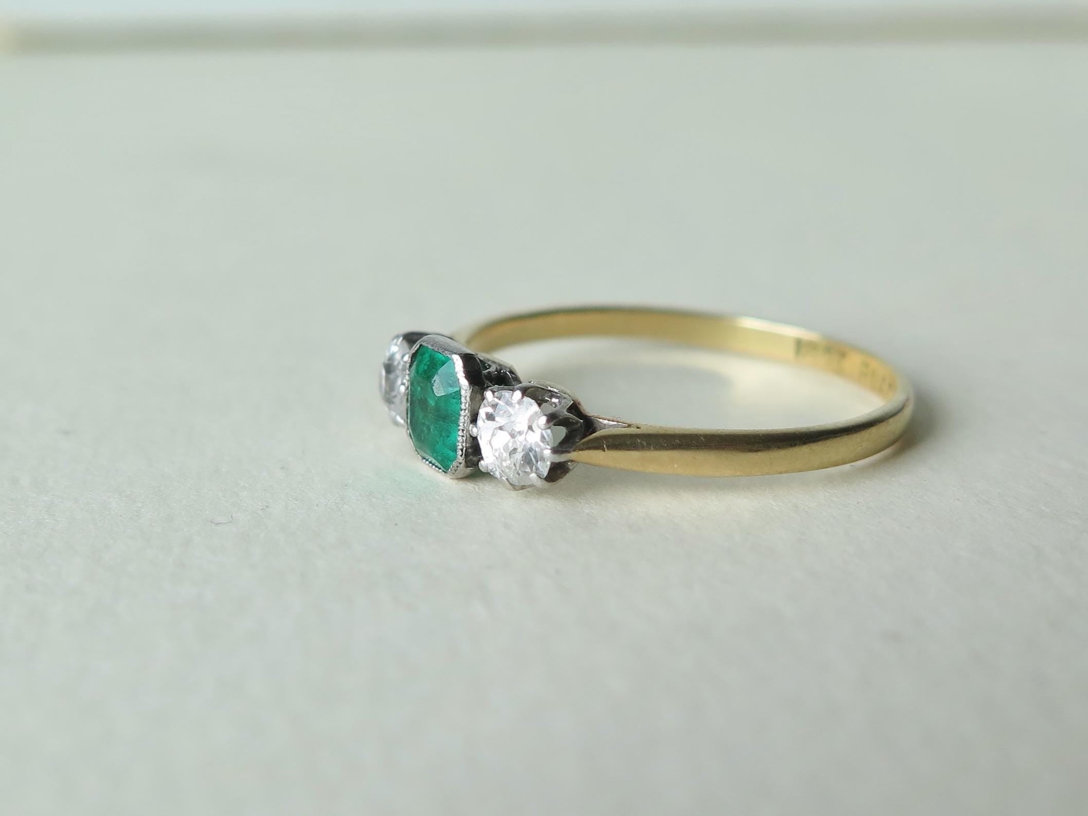 Antique Art Deco Emerald and Diamond Trilogy Ring, 18k Gold Platinum